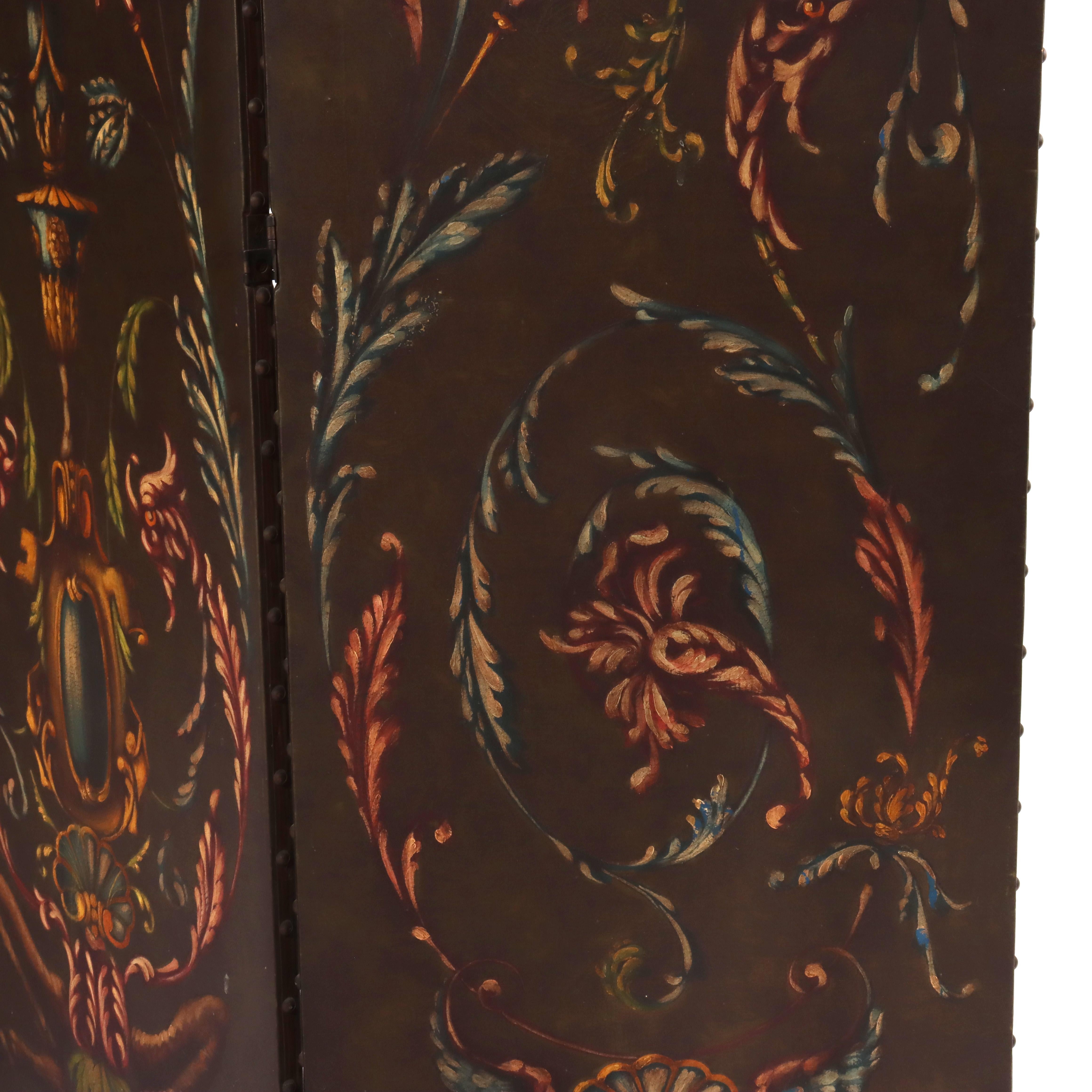 20ième siècle XX PICS Paravent ancien en cuir peint à la main, à trois panneaux, non signé, 20ème siècle en vente