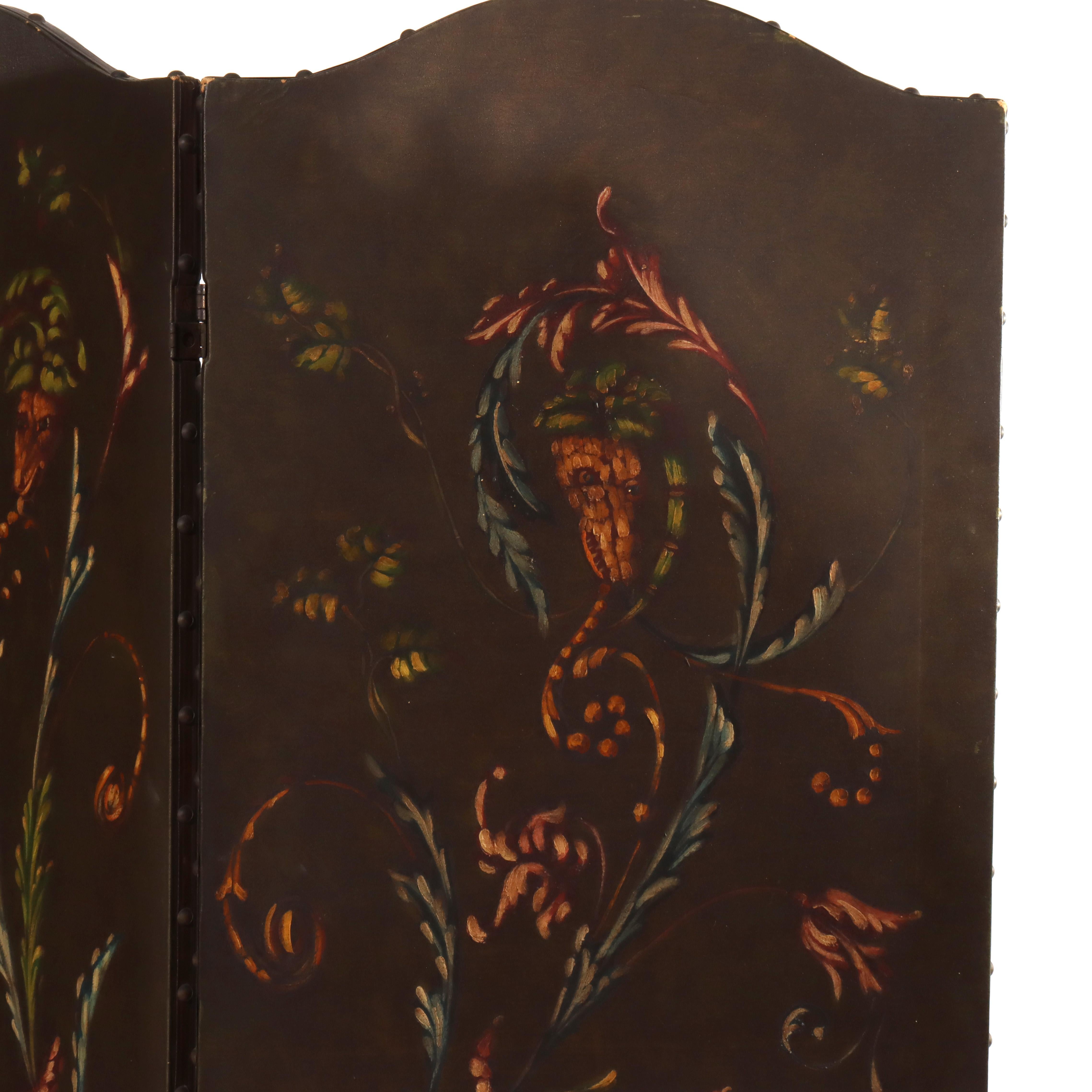 Cuir XX PICS Paravent ancien en cuir peint à la main, à trois panneaux, non signé, 20ème siècle en vente