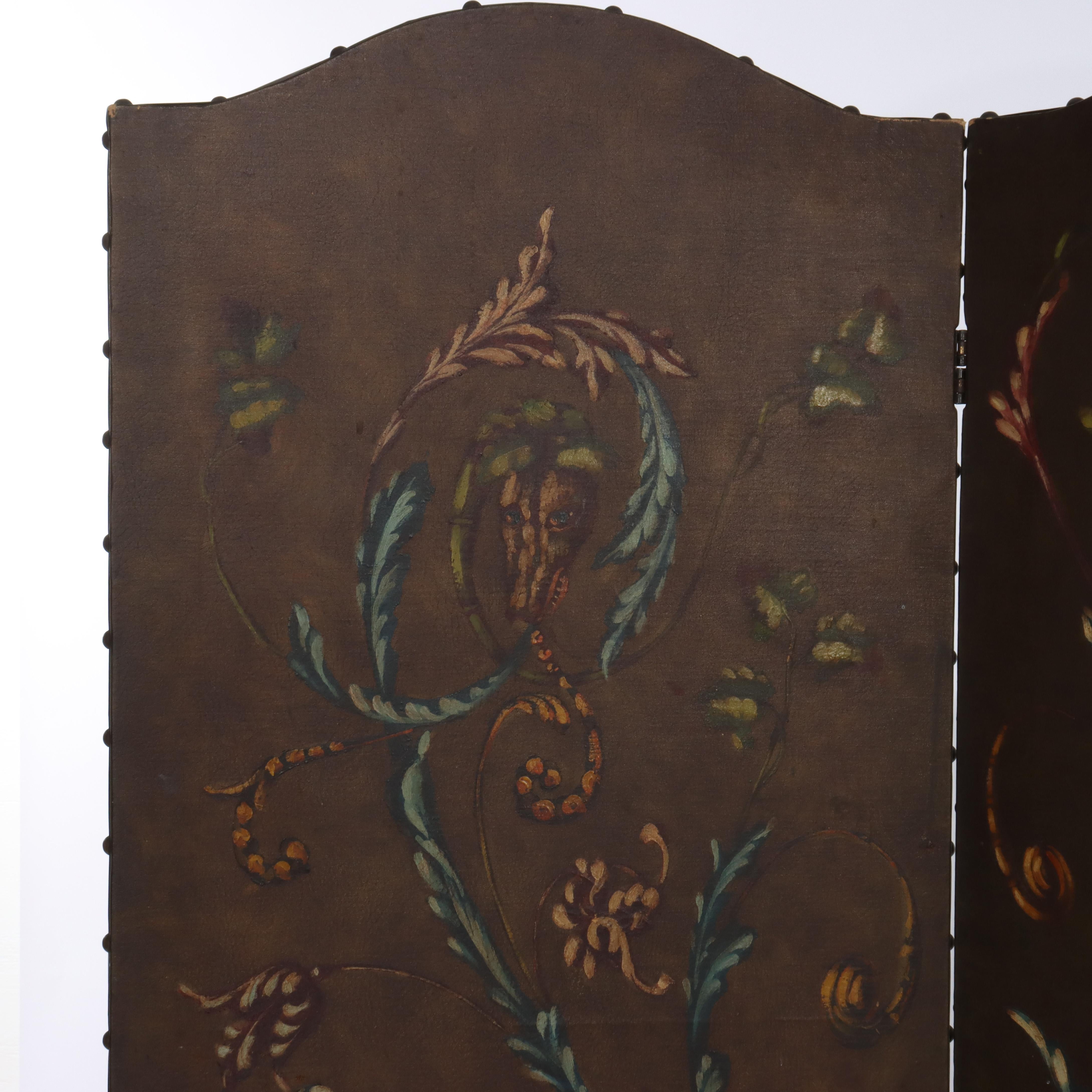 XX PICS Paravent ancien en cuir peint à la main, à trois panneaux, non signé, 20ème siècle en vente 1