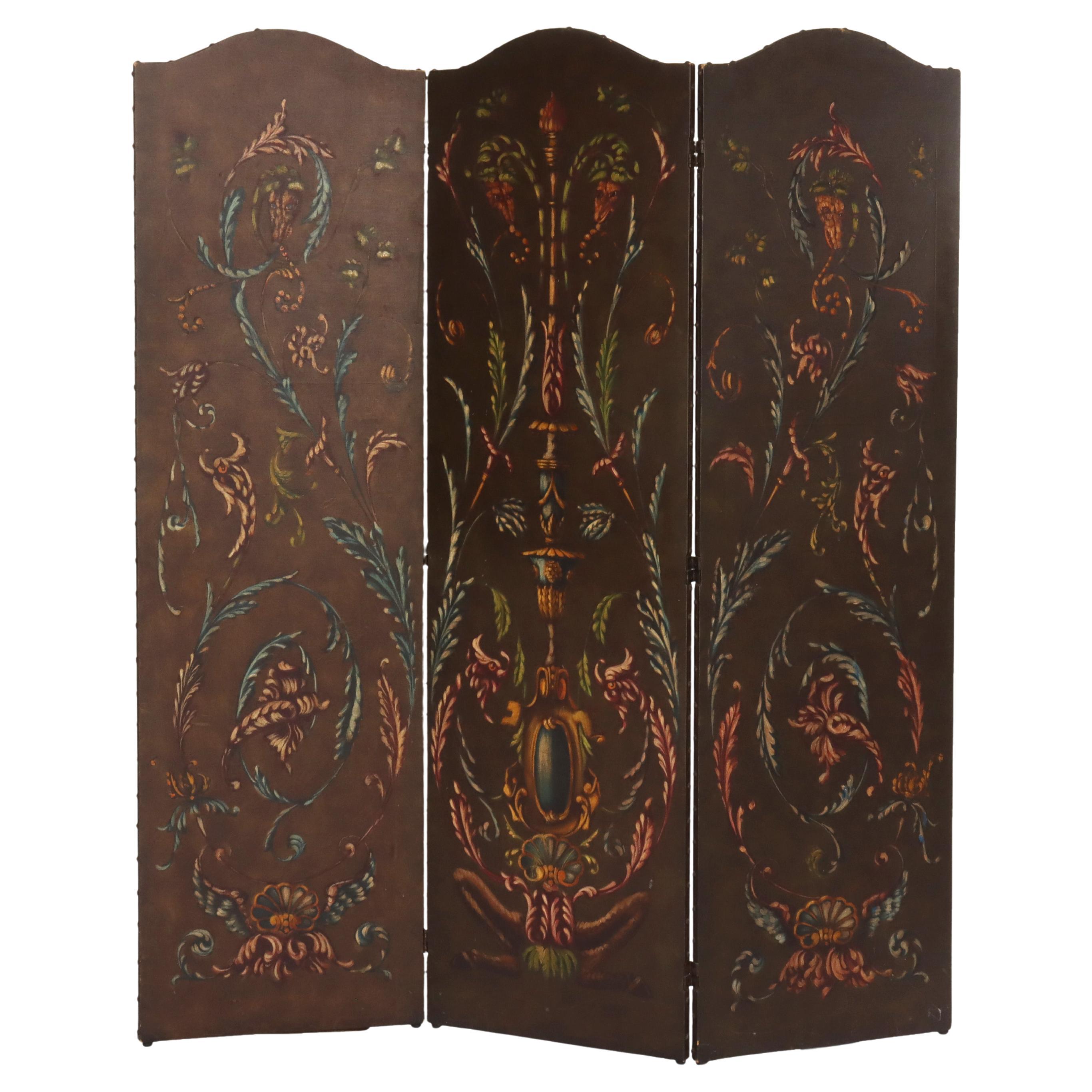 XX PICS Paravento antico in pelle dipinto a mano a tre pannelli non firmato del XX secolo