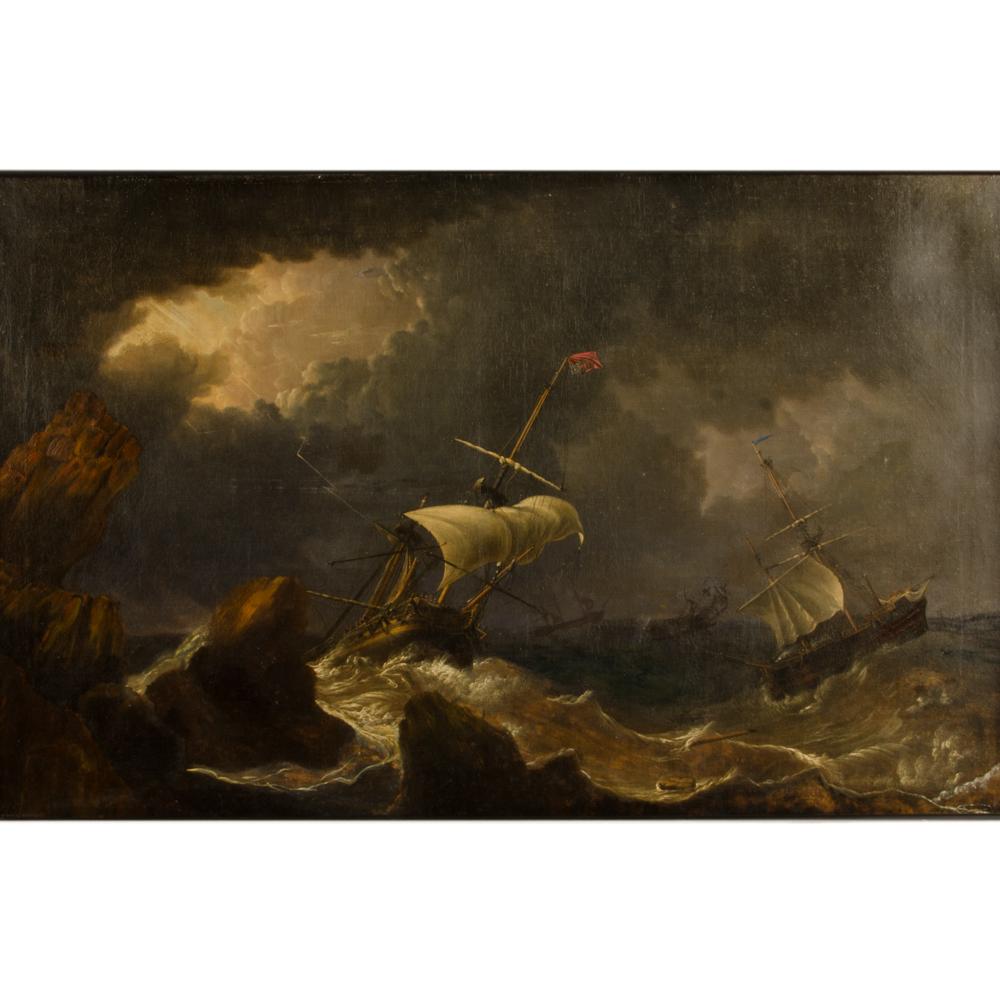 A large and impressive 19th Century painting on canvas depicting ships in a turbulent storm.  Unsigned.

Framed dimensions: 54 in x 37 in