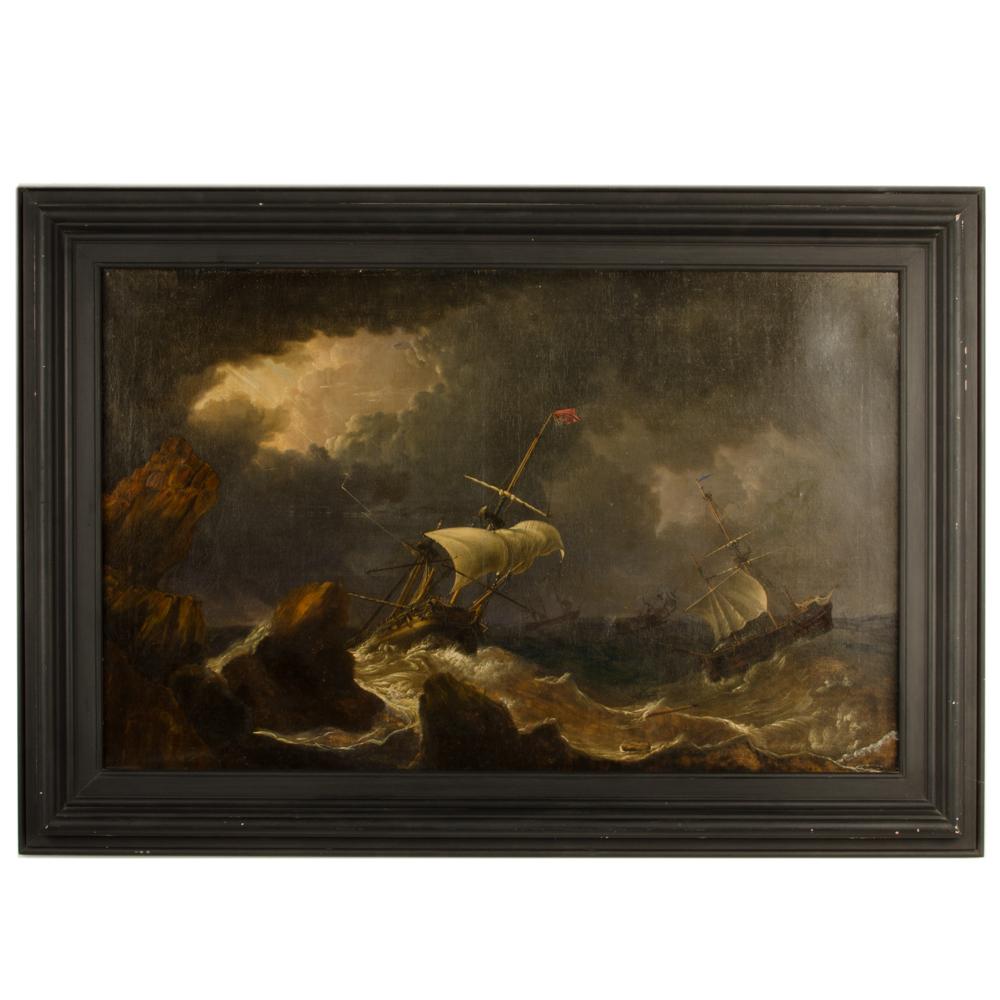 A large and impressive 19th Century painting on canvas depicting ships, unisgned In Good Condition For Sale In Philadelphia, PA