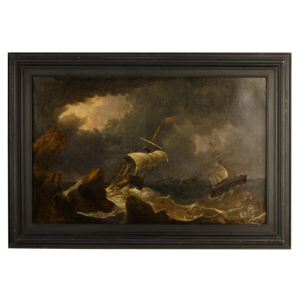 Une grande et impressionnante peinture sur toile du 19e siècle représentant des navires, non signée.