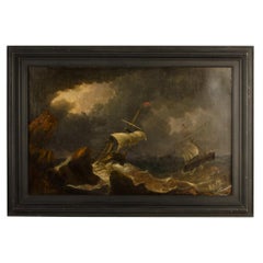 Une grande et impressionnante peinture sur toile du 19e siècle représentant des navires, non signée.