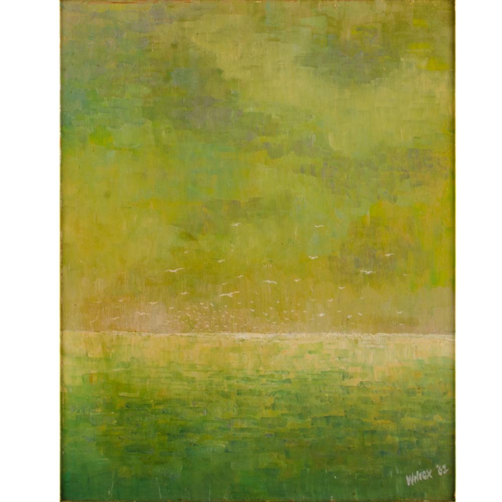 Flock of Seagulls, abstract green ocean with white seagulls flying above. 
 - Oil on board, signed lower right and dated '62
 - Framed dimensions: 21.75 in x 25.75 in.