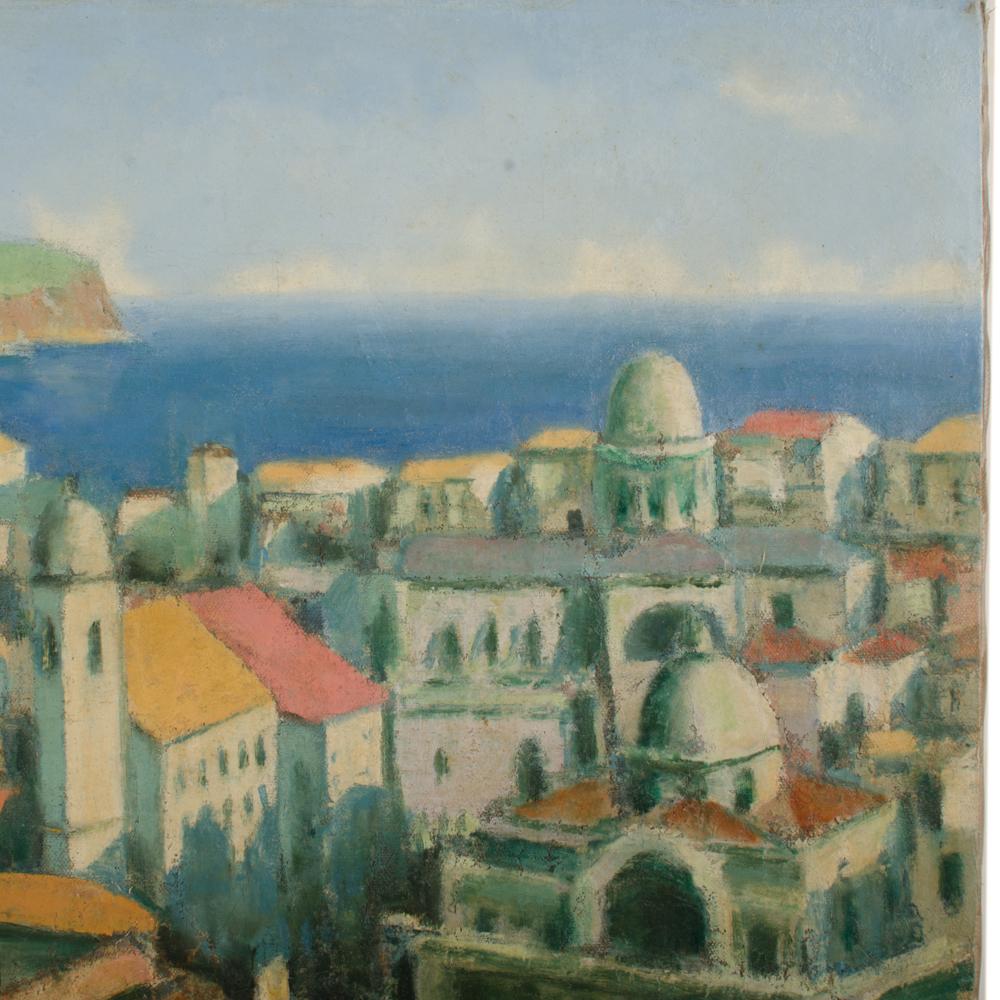 Pittura Una vista panoramica di Port Townes dipinto a olio. in vendita
