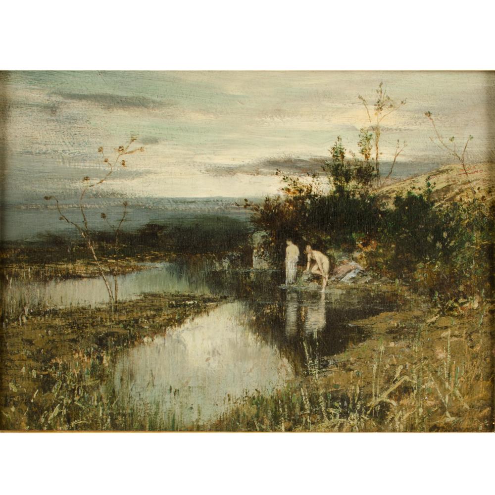 Quick Dip, zwei Frauen beim Baden an einem Teich
 - Öl auf Holz, signiert unten rechts
 - Gerahmte Abmessungen: 25,75 in x 21,75 in.