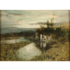A signed Continental oil painting of water nymphs on wood, c 19th century.