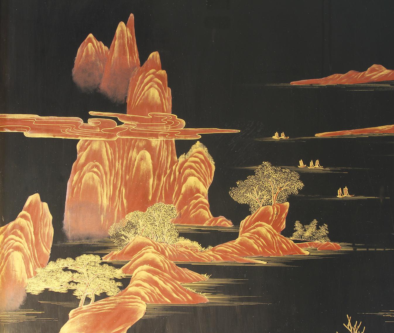 Chinesischer Deko-Raumteiler aus der Jahrhundertmitte, Lackierte Landschaften und Segel (20. Jahrhundert) im Angebot