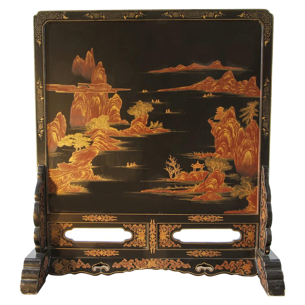 XX°Century Chinese Decorative Screen Lacquered whit Landscape and Sails