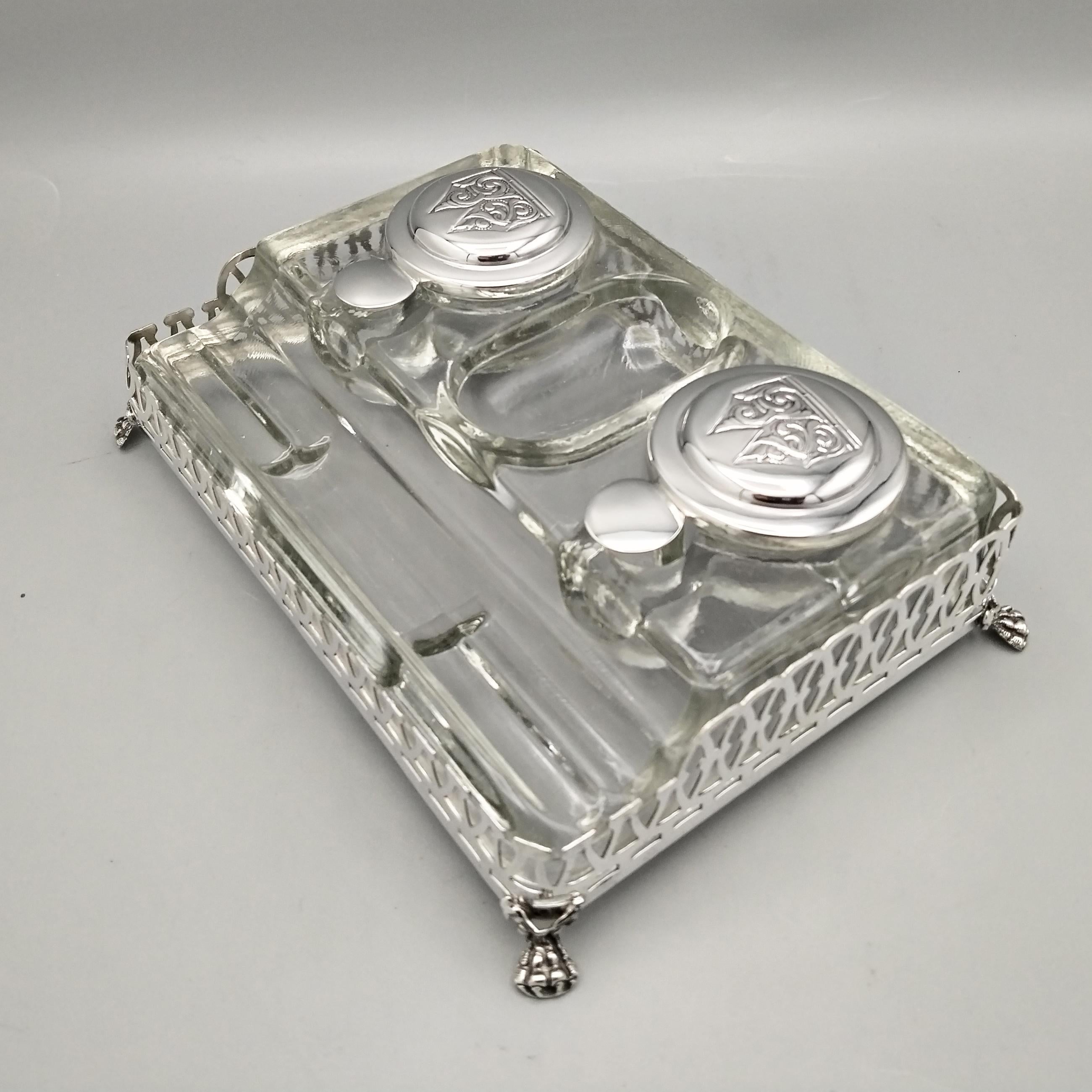Argento 925 XXI Century English Sterling Silver and glass inkwell in vendita