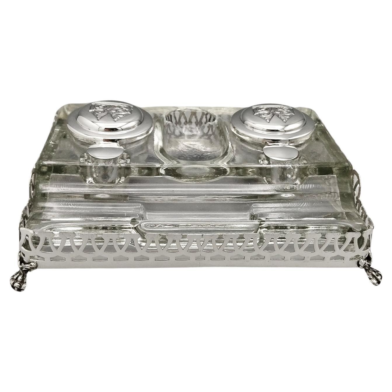 XXI Century English Sterling Silver and glass inkwell