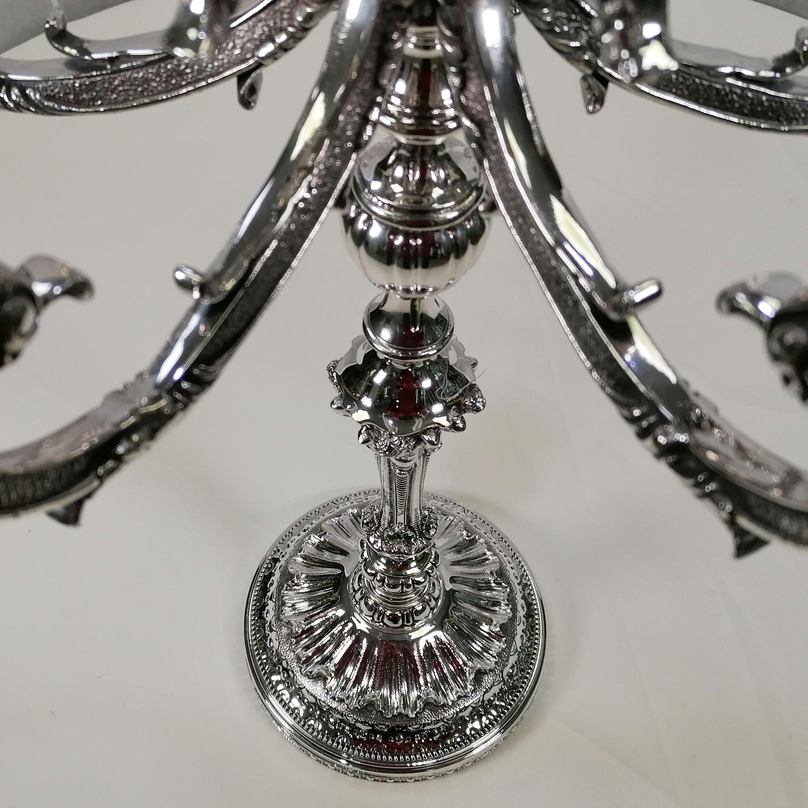 XXI Century Italian Solid 800 Silver Baroque style 7 lights Candelabra For Sale 7