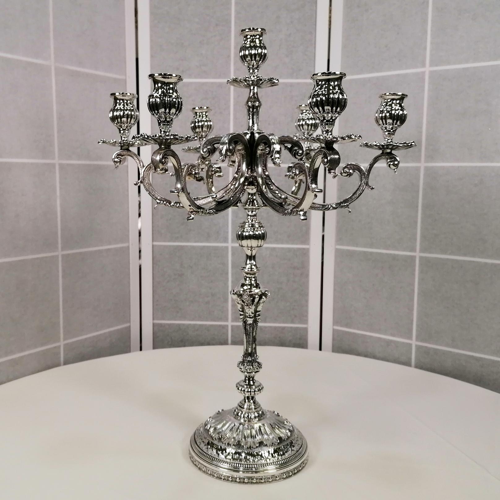XXI Century Italian Solid 800 Silver Baroque style 7 lights Candelabra In Excellent Condition For Sale In VALENZA, IT