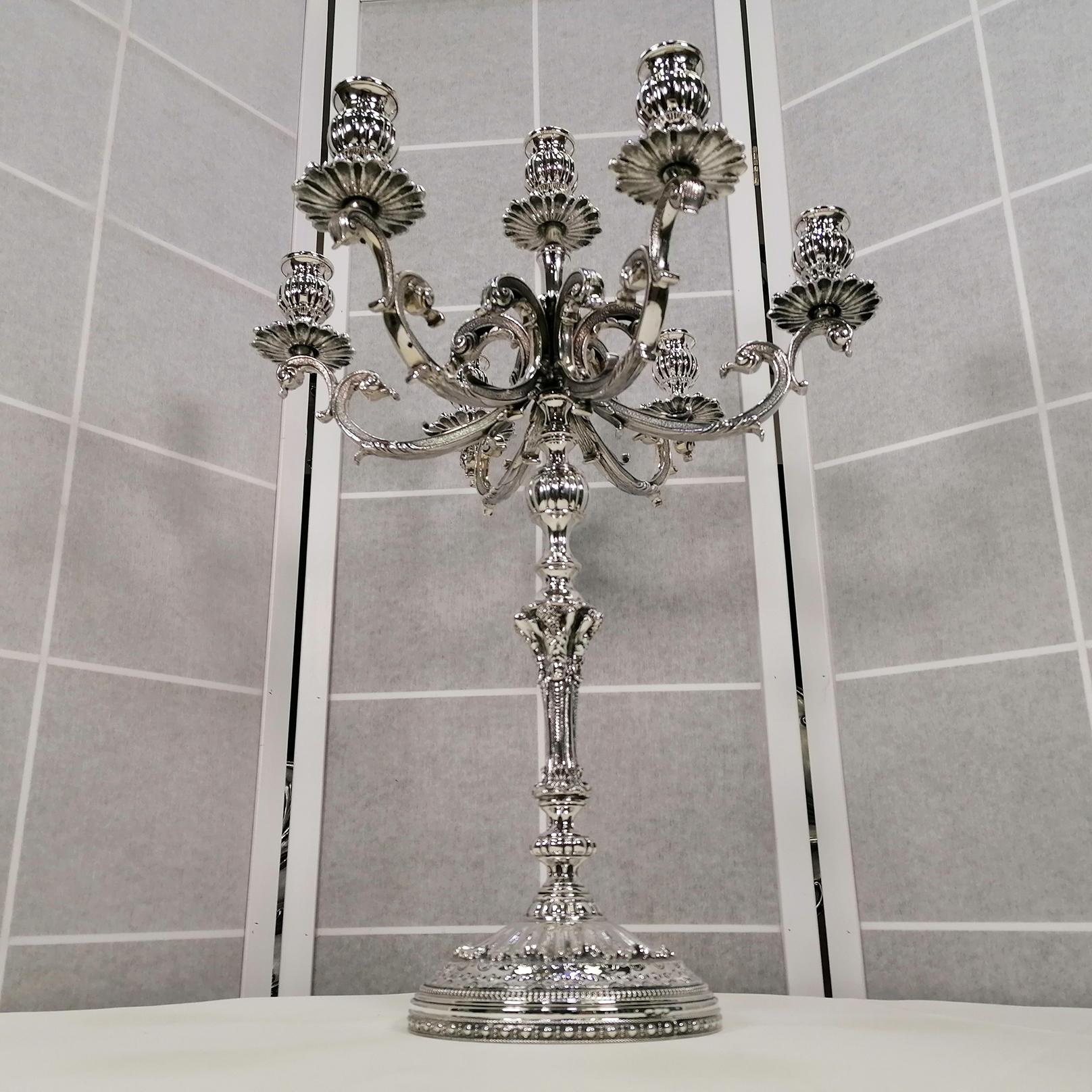 XXI Century Italian Solid 800 Silver Baroque style 7 lights Candelabra For Sale 1