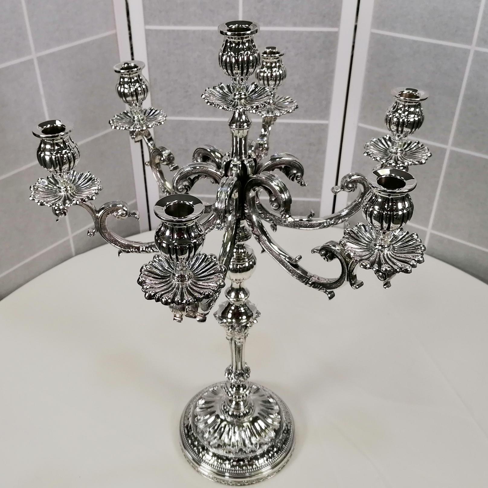 XXI Century Italian Solid 800 Silver Baroque style 7 lights Candelabra For Sale 4