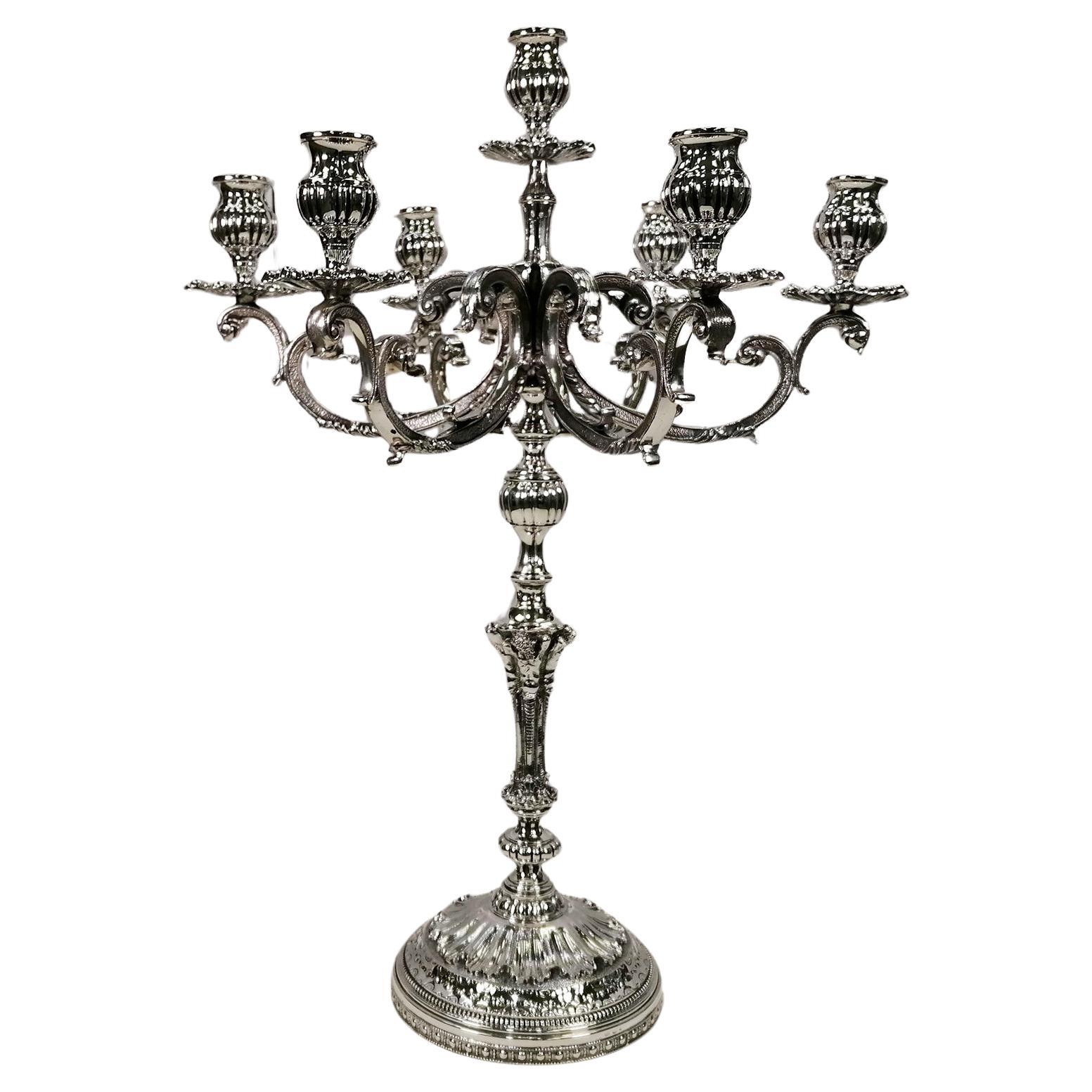 XXI Century Italian Solid 800 Silver Baroque style 7 lights Candelabra For Sale