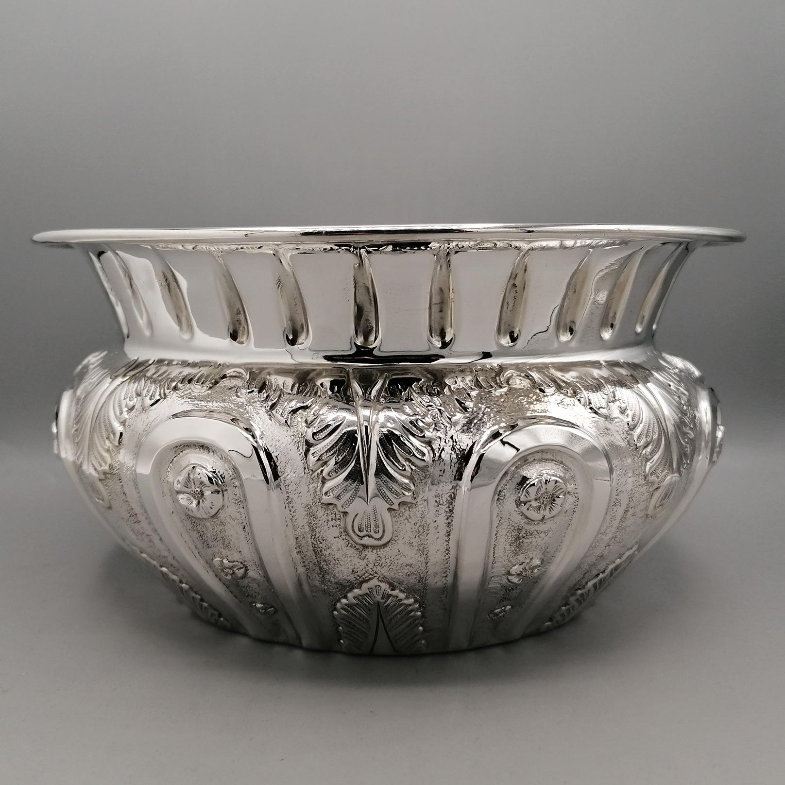 Hammered XXI Century Italian Solid 800 Silver Centerpiece Cachepot Empire Style For Sale