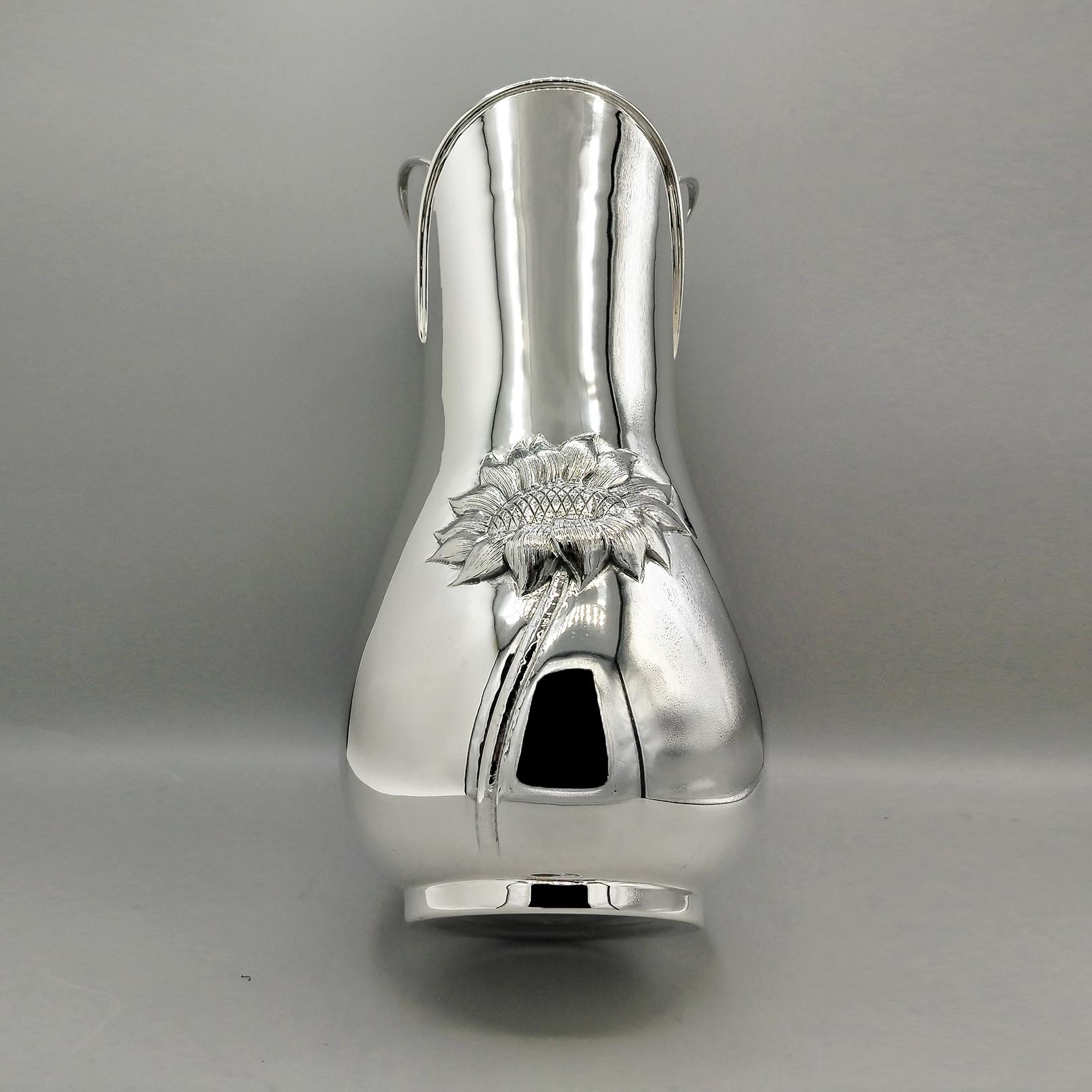 XXI Century Italian Solid 800 Silver Vase with Sunflowers For Sale 4