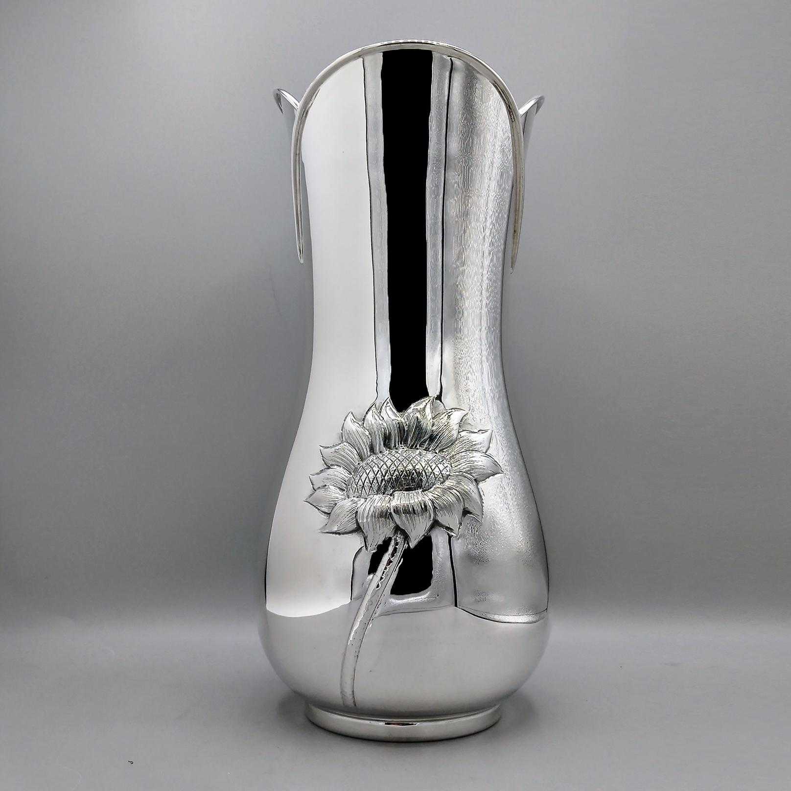 Other XXI Century Italian Solid 800 Silver Vase with Sunflowers For Sale