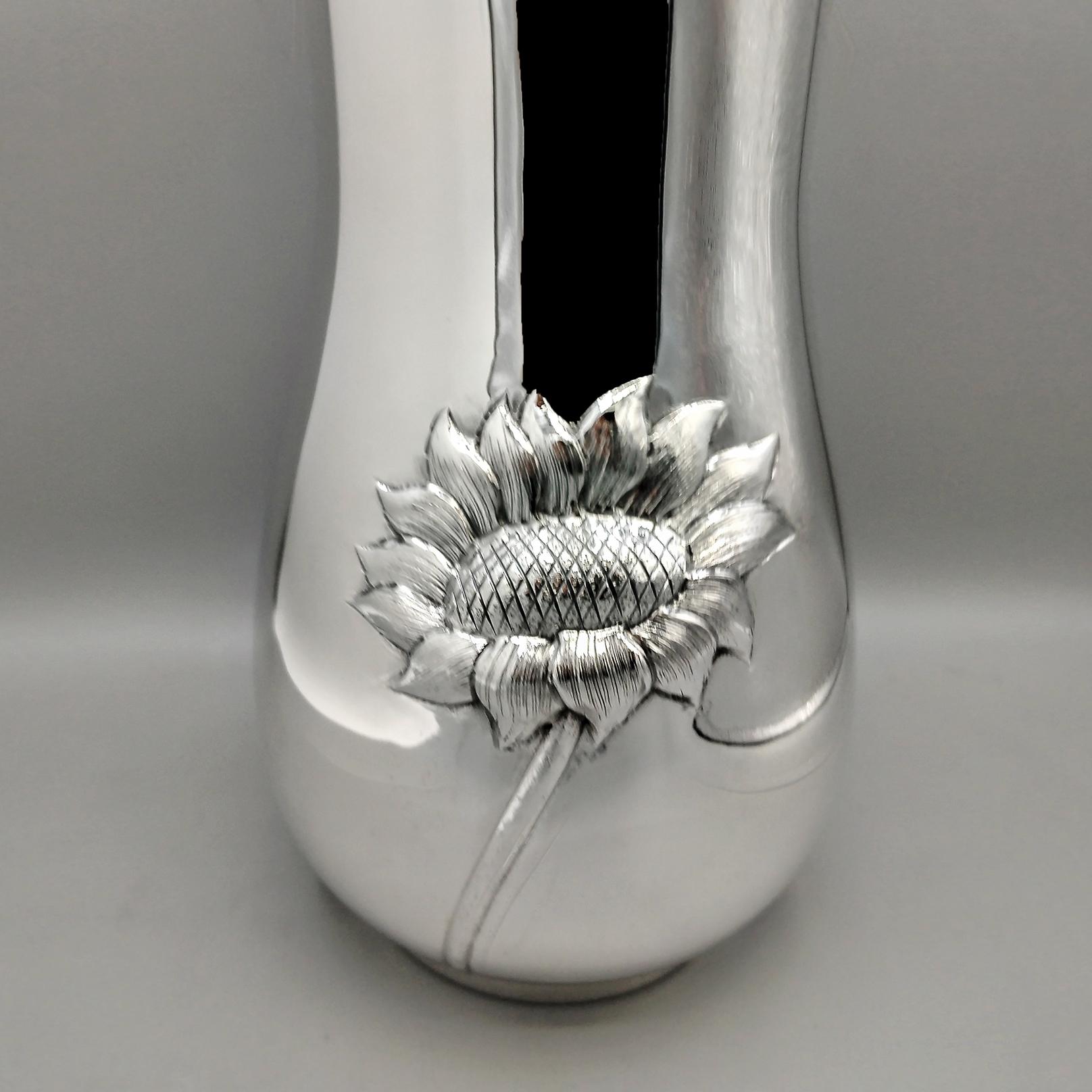 Hand-Crafted XXI Century Italian Solid 800 Silver Vase with Sunflowers For Sale