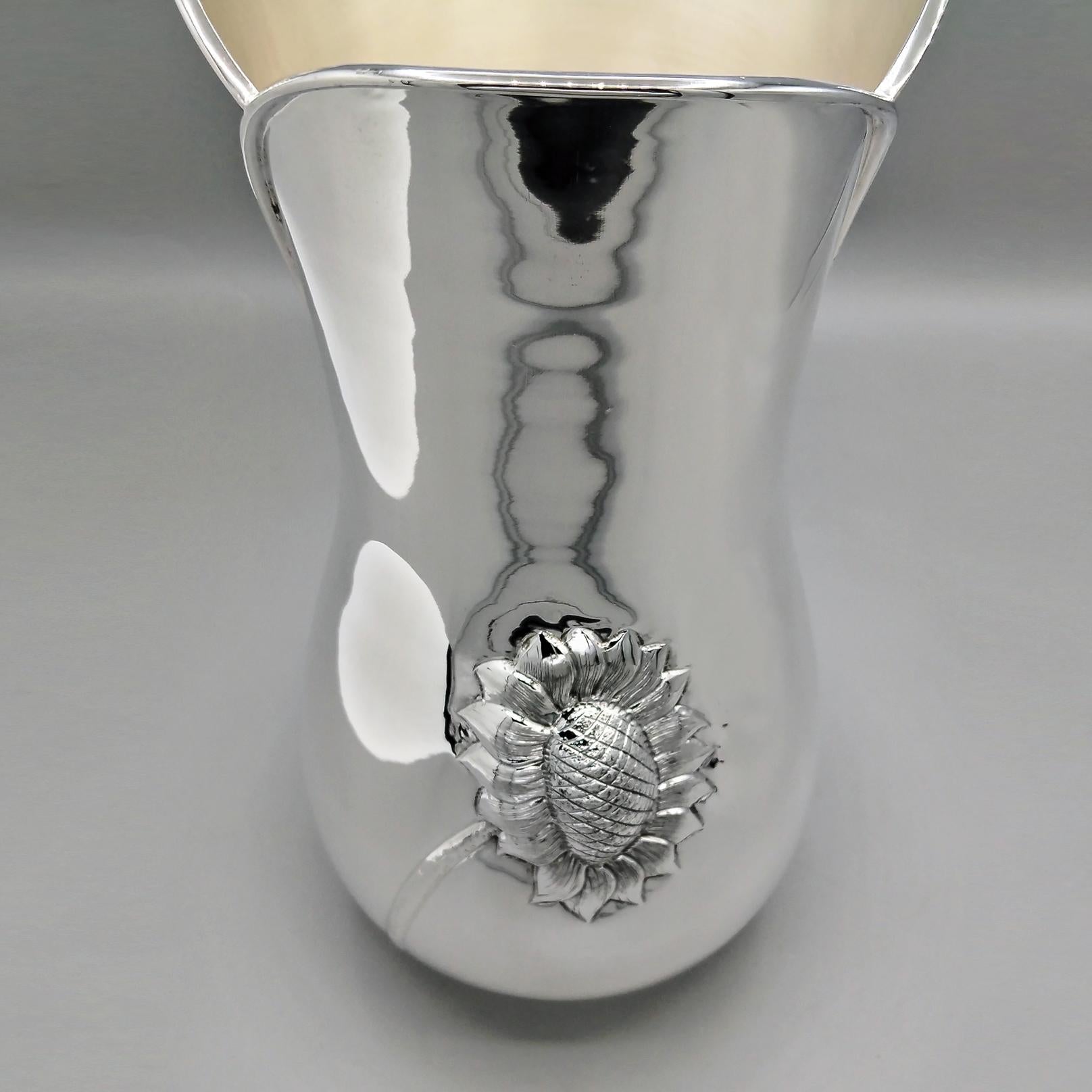 XXI Century Italian Solid 800 Silver Vase with Sunflowers For Sale 1
