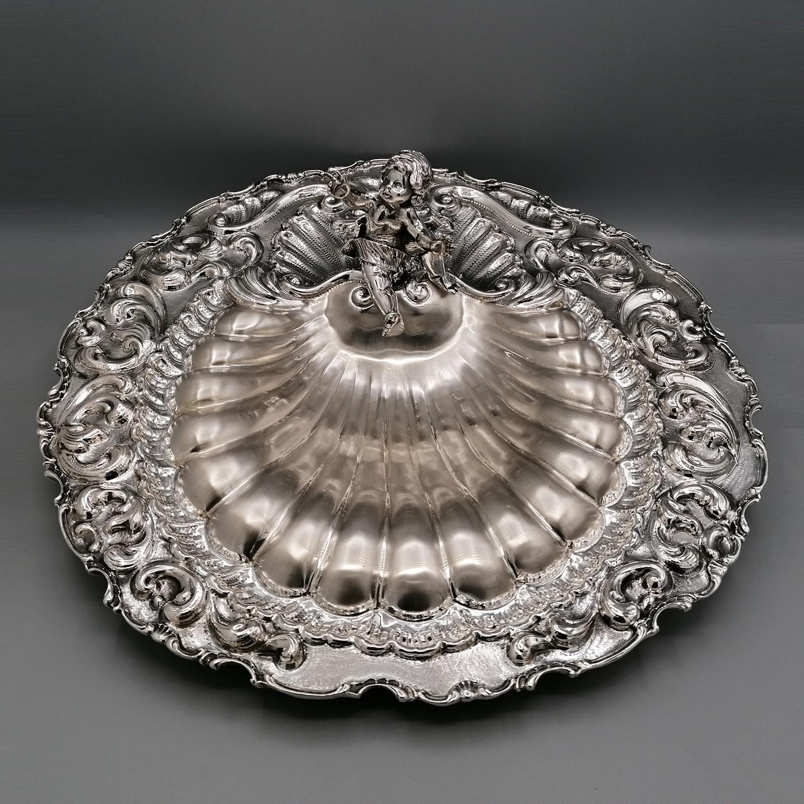 Baroque XXI Century Italian Solid Silver 800 Shell Centerpiece with Angel For Sale