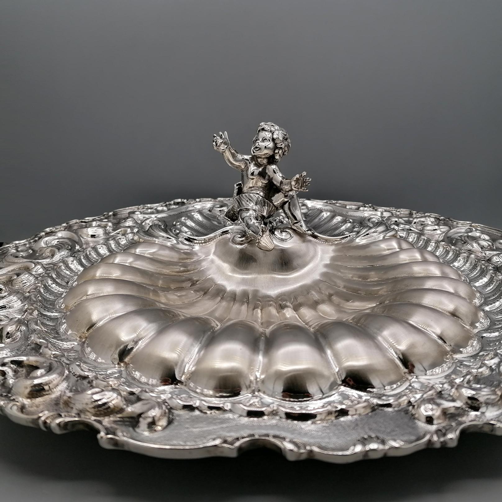 Frosted XXI Century Italian Solid Silver 800 Shell Centerpiece with Angel For Sale