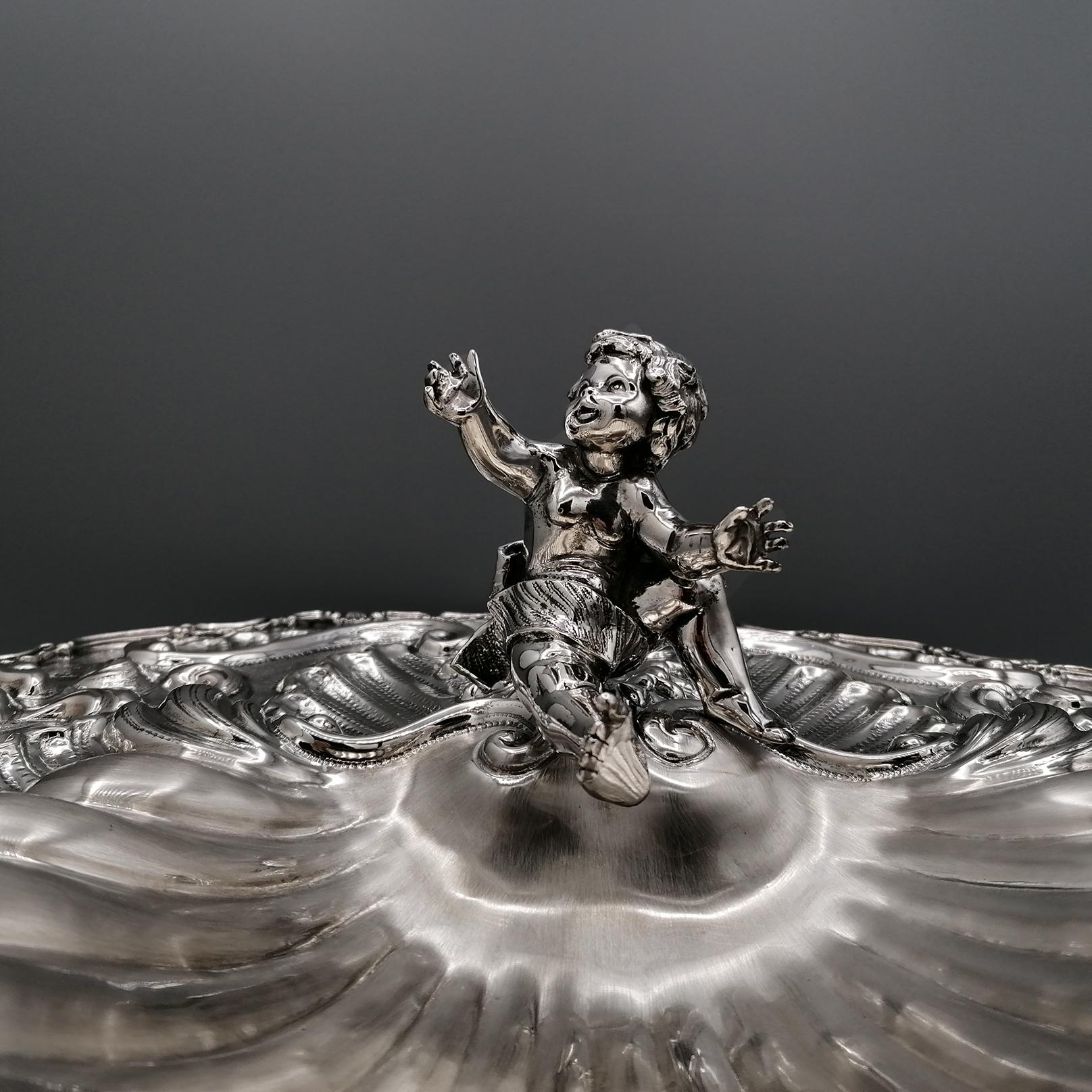 XXI Century Italian Solid Silver 800 Shell Centerpiece with Angel In New Condition For Sale In VALENZA, IT