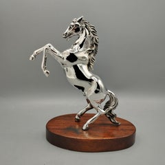XXI Century Italian Sterling Silver Rampant horse on wooden base