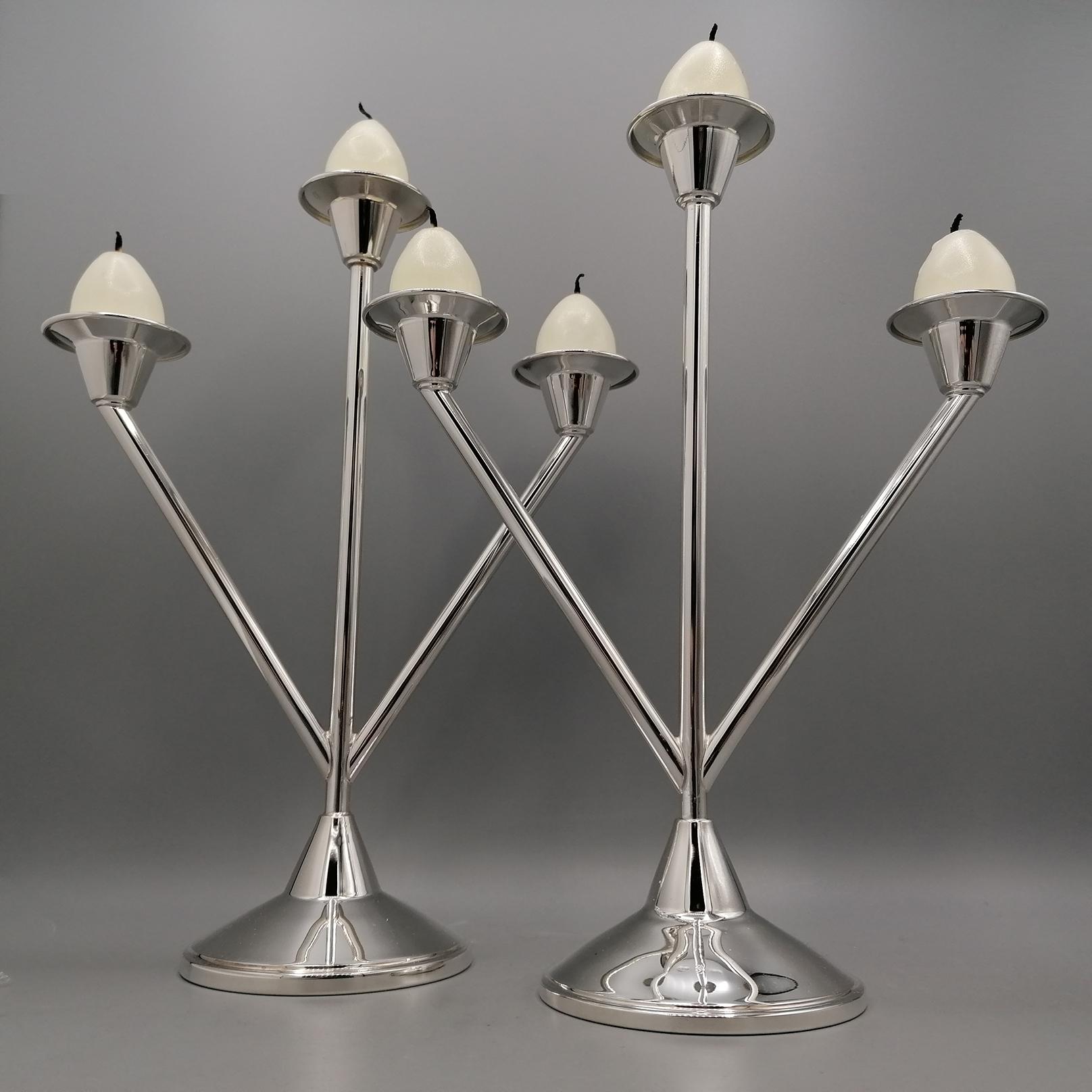 Hand-Crafted XXi Century Solid 800 Silver 3 Lights Candelabras Art Deco style For Sale