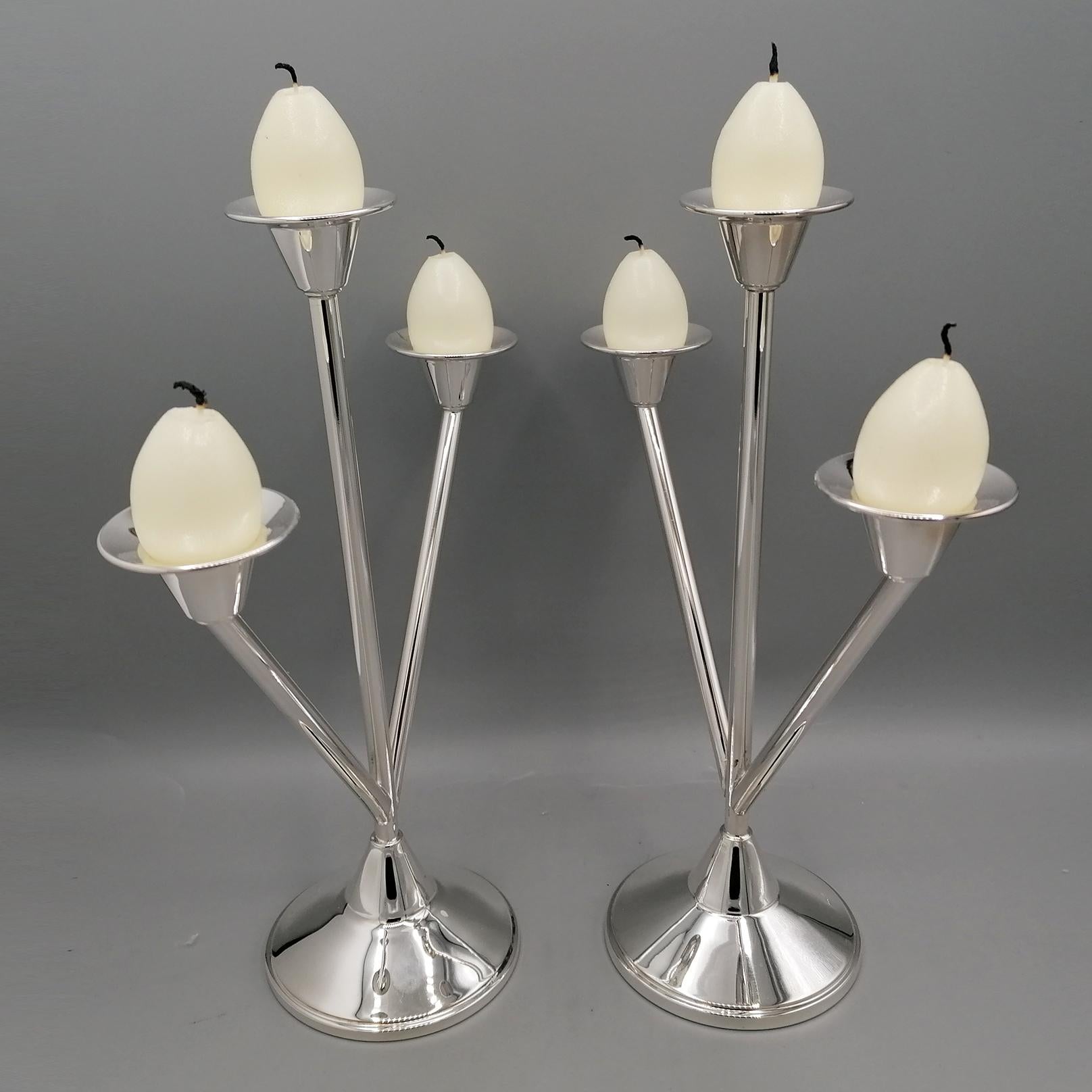 XXi Century Solid 800 Silver 3 Lights Candelabras Art Deco style For Sale 3