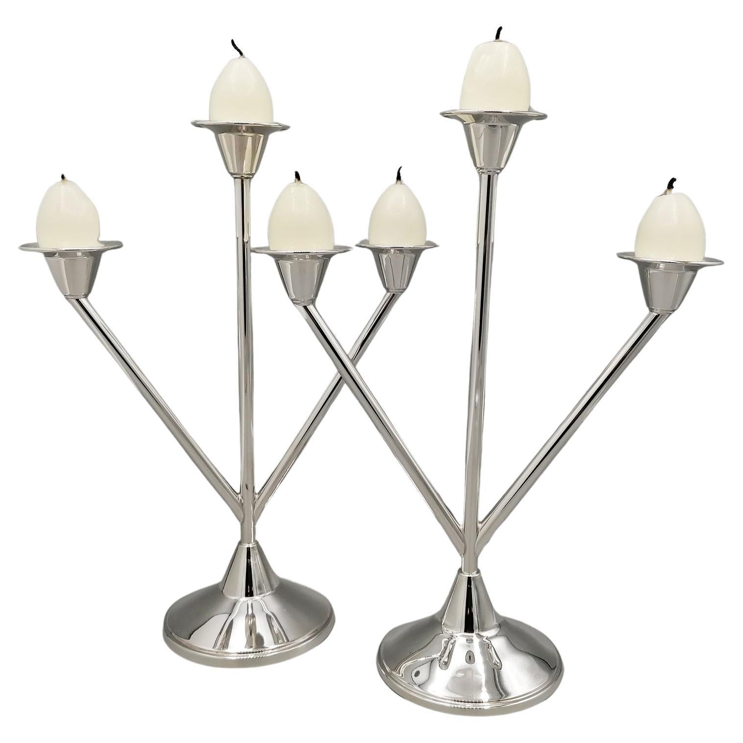 XXi Century Solid 800 Silver 3 Lights Candelabras Art Deco style For Sale