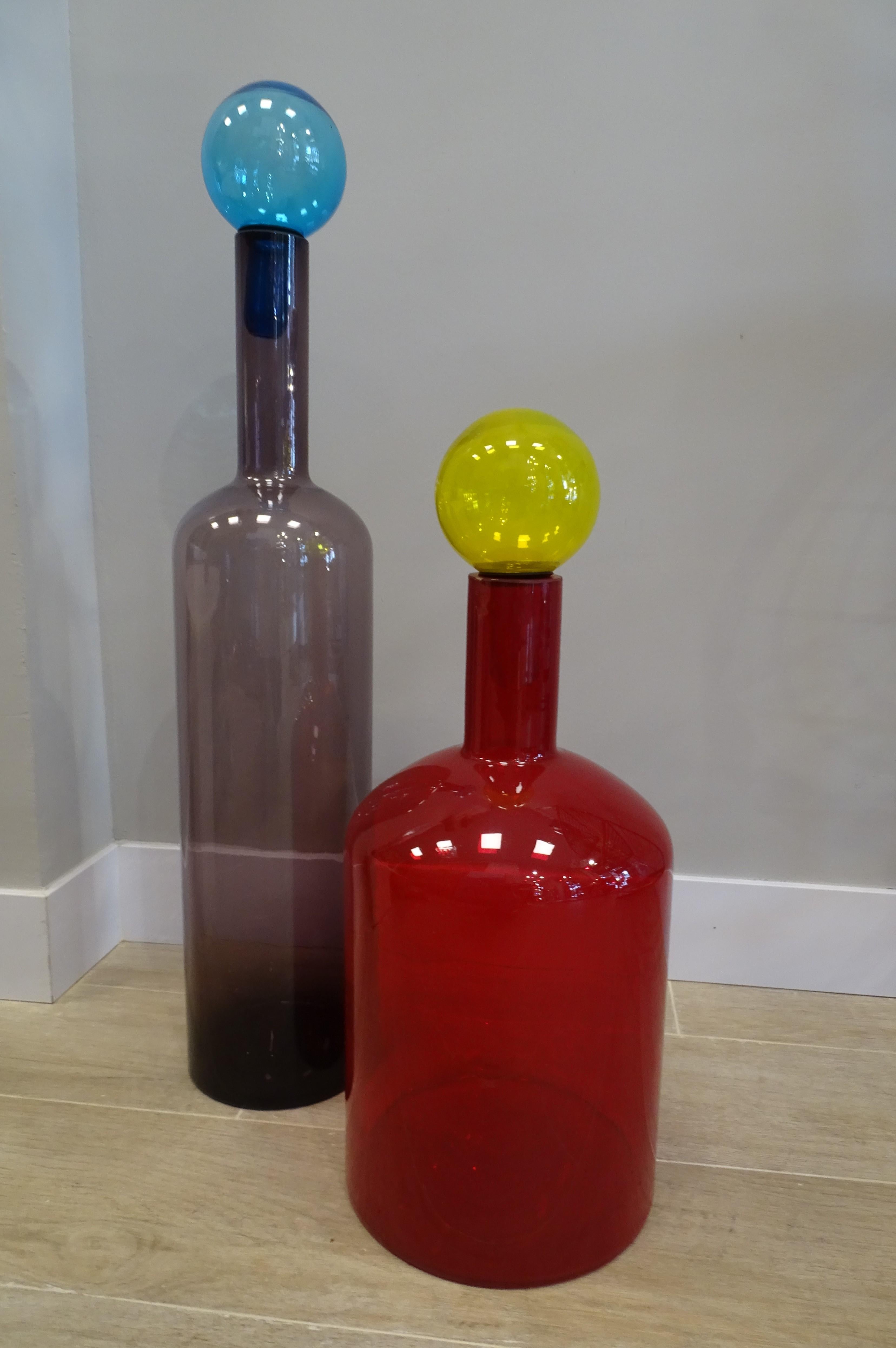 Mid-Century Modern XXI th Century Couple of Glass Red, Blue, Yellow Bottles