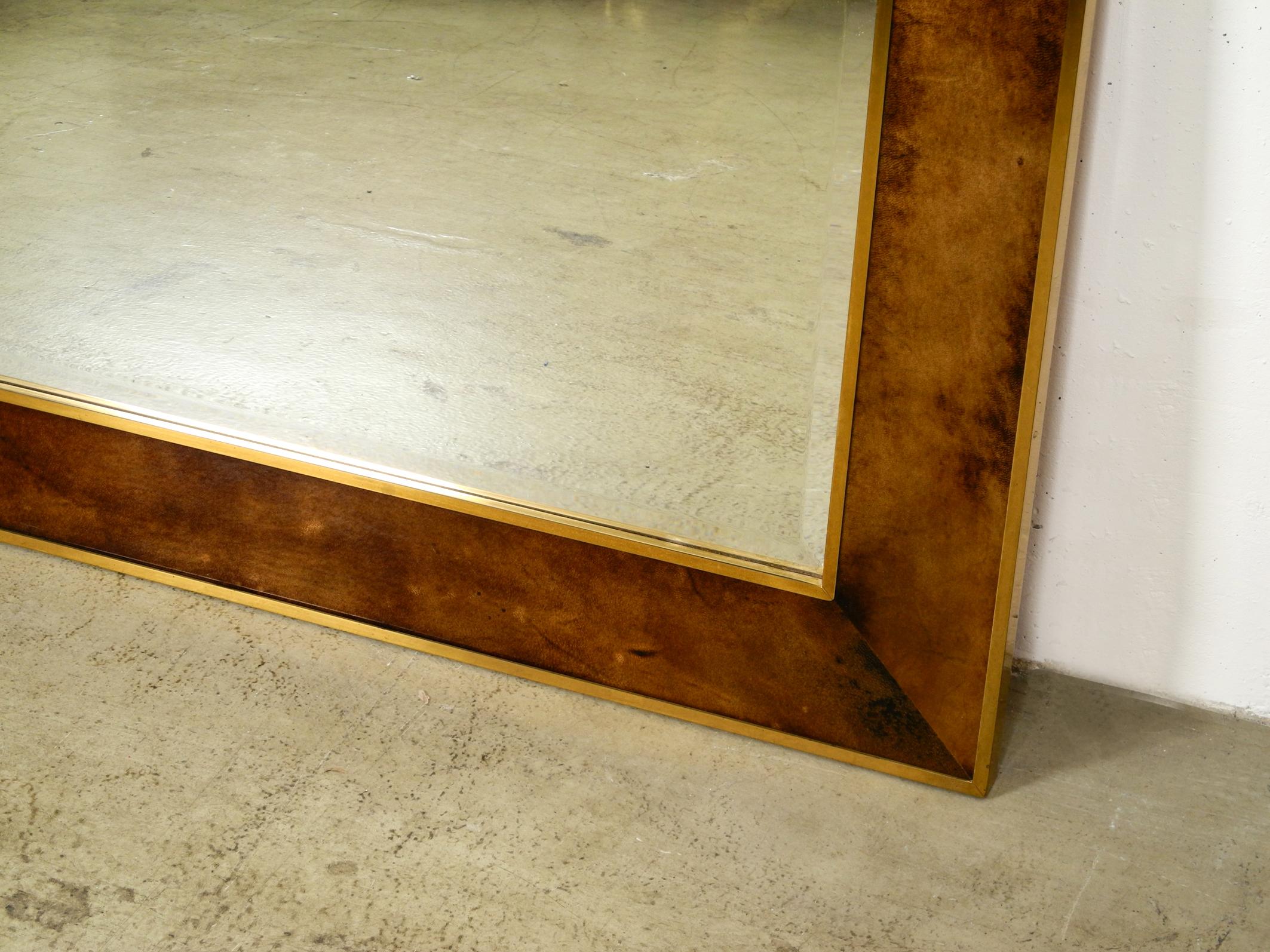 Extra Large Wall Mirror by Aldo Tura Made of Brass and Leather Made in Italy 5