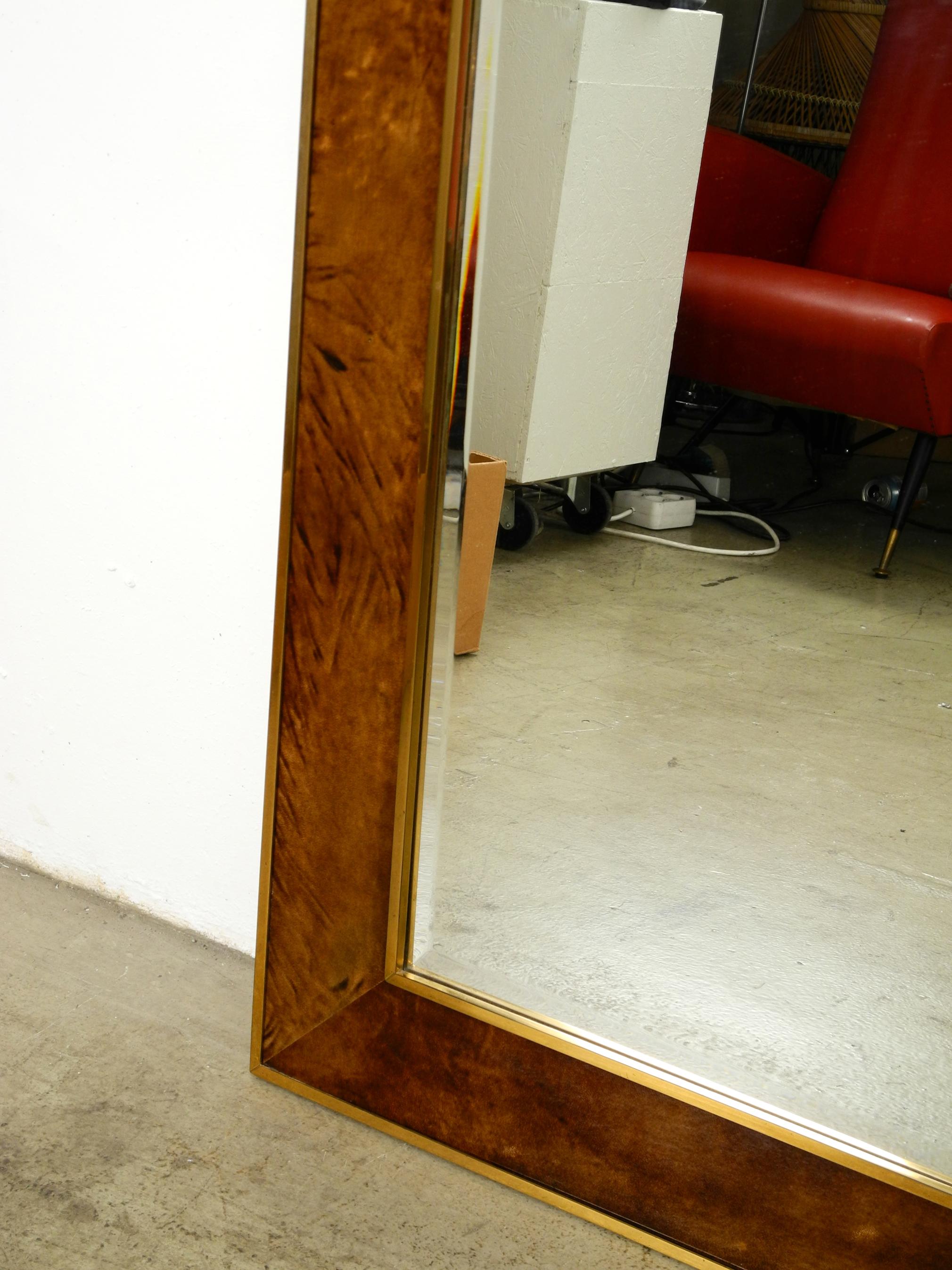 Italian Extra Large Wall Mirror by Aldo Tura Made of Brass and Leather Made in Italy