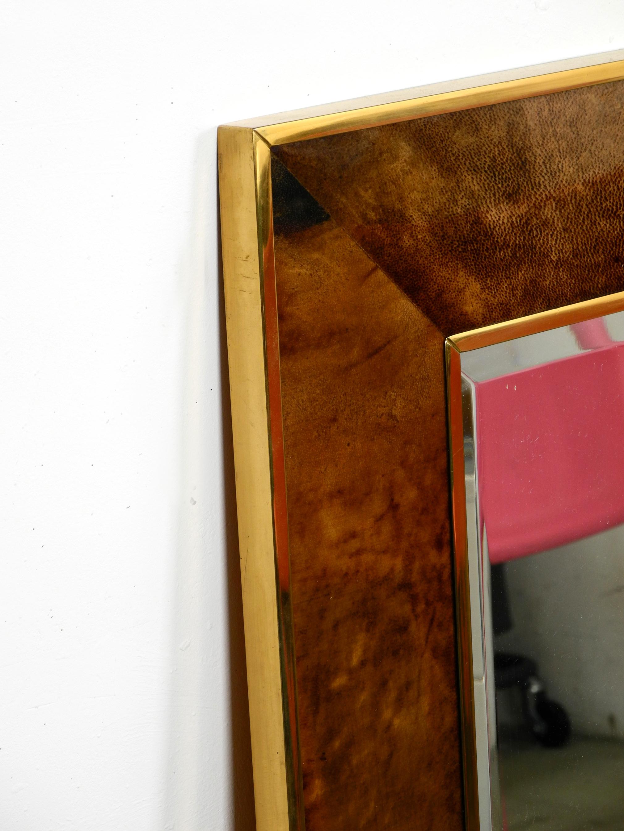 Extra Large Wall Mirror by Aldo Tura Made of Brass and Leather Made in Italy 1