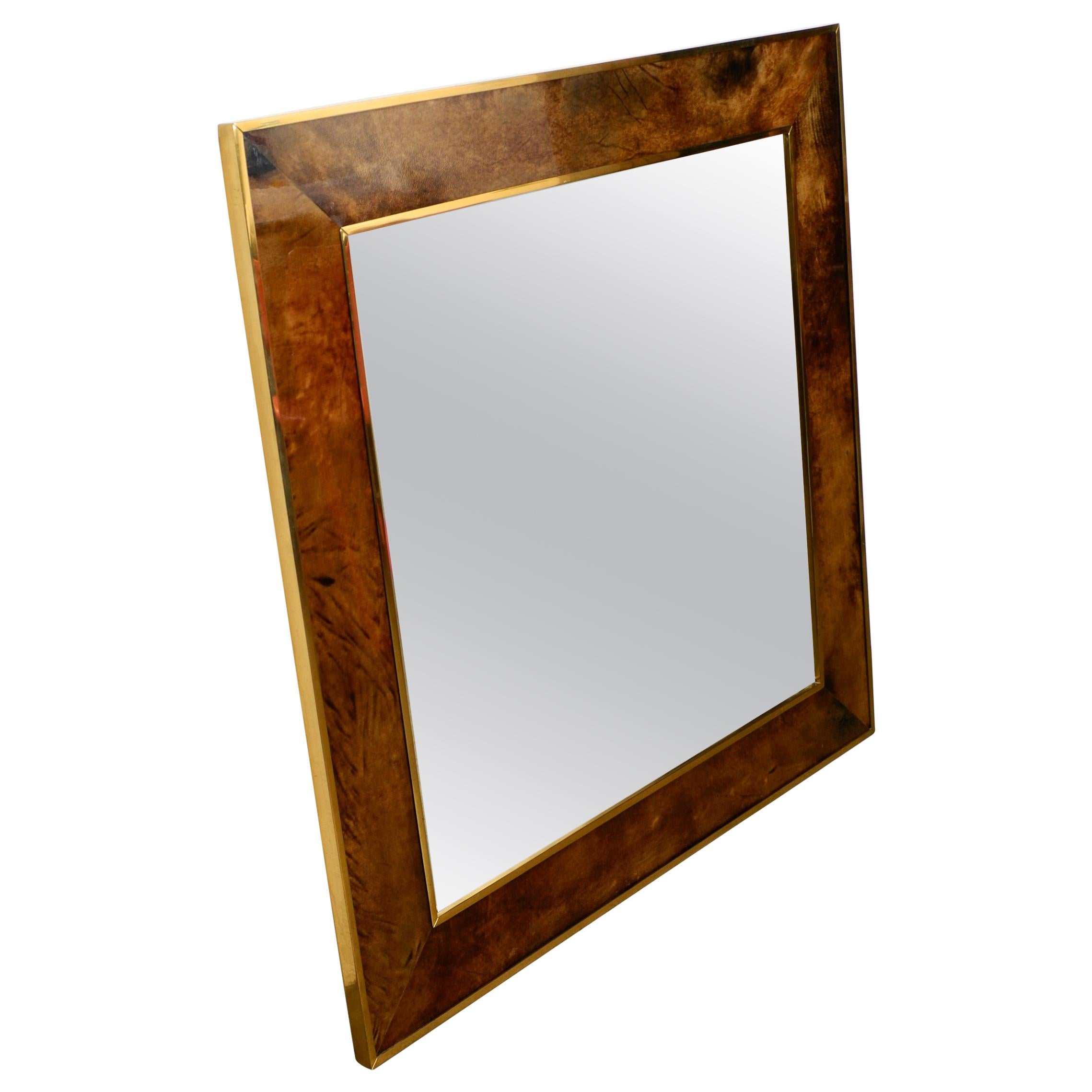 Extra Large Wall Mirror by Aldo Tura Made of Brass and Leather Made in Italy