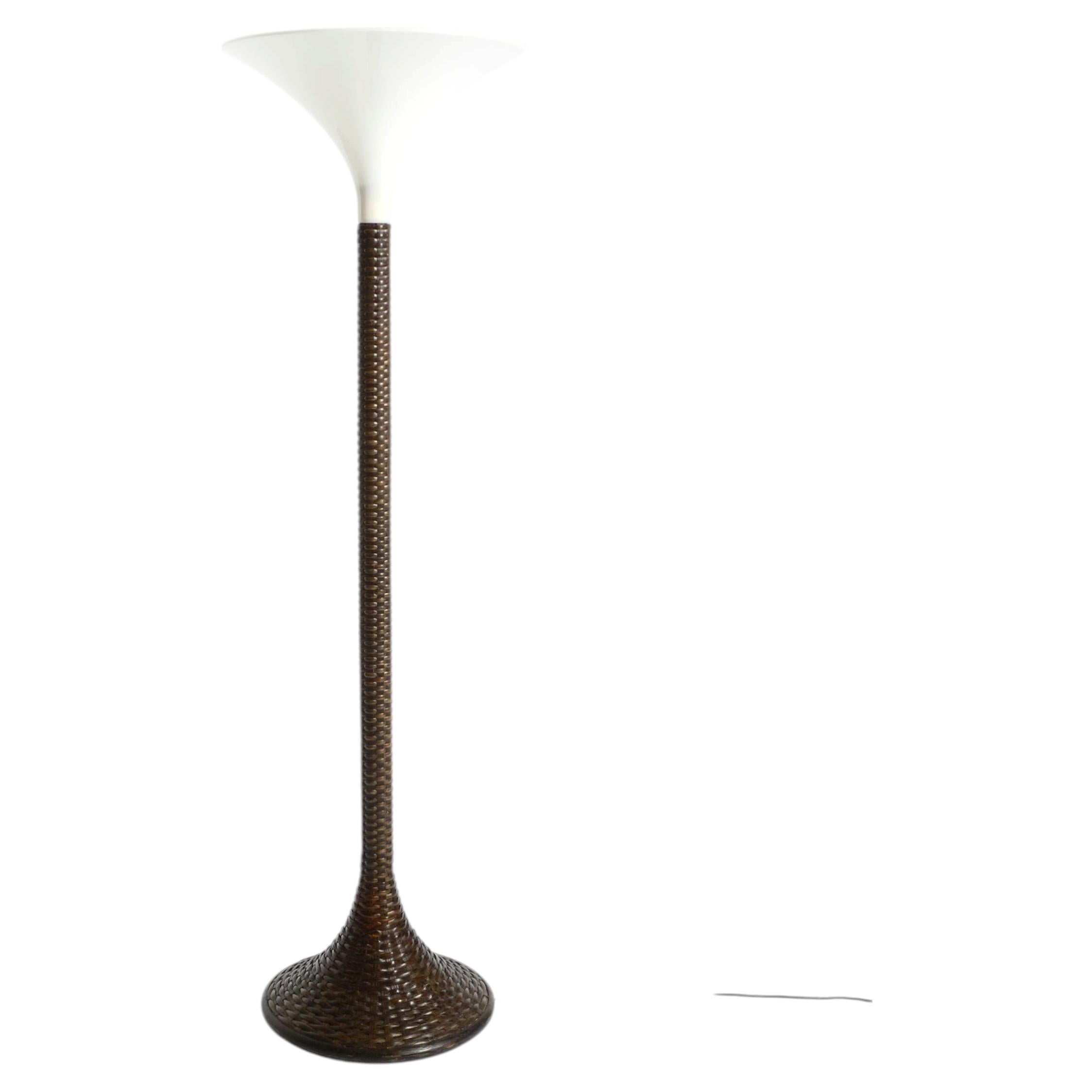 XXL 70s Pop Art floor lamp with a dark brown wicker frame and a plexiglass shade For Sale