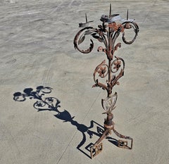 XXL Antique Baroque Wrought Iron 3-Arm Candelabra with Fresco of Saint Joseph