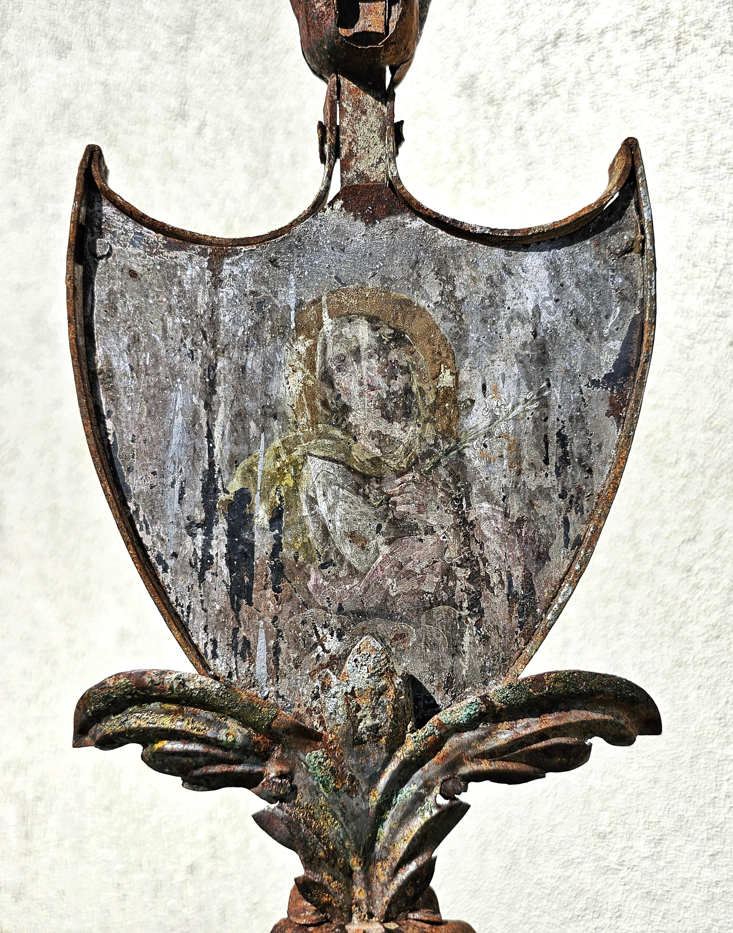 XXL Antique Baroque Wrought Iron 3-Arm Candelabra with Fresco of Saint Joseph For Sale 1
