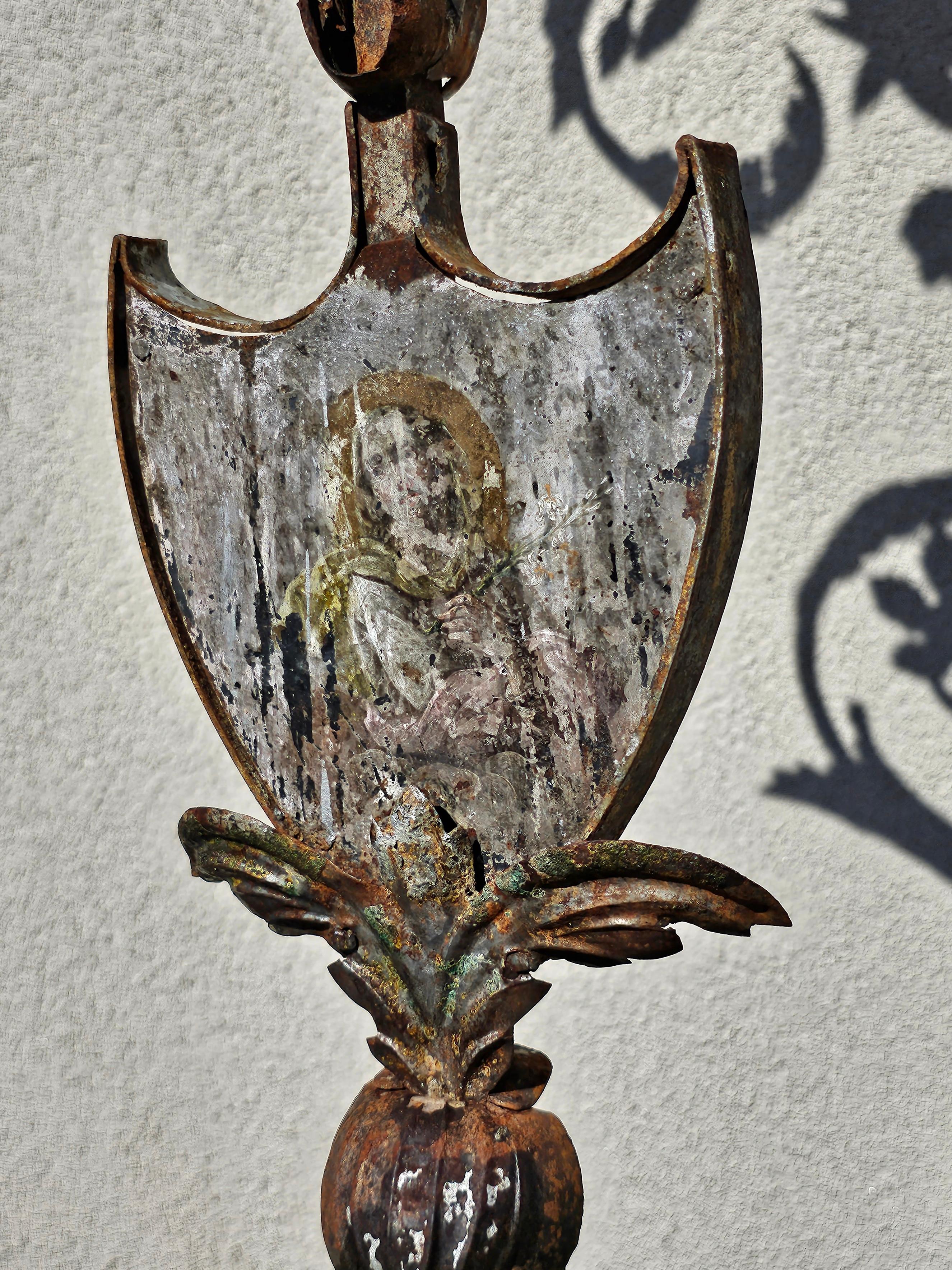 XXL Antique Baroque Wrought Iron 3-Arm Candelabra with Fresco of Saint Joseph For Sale 3