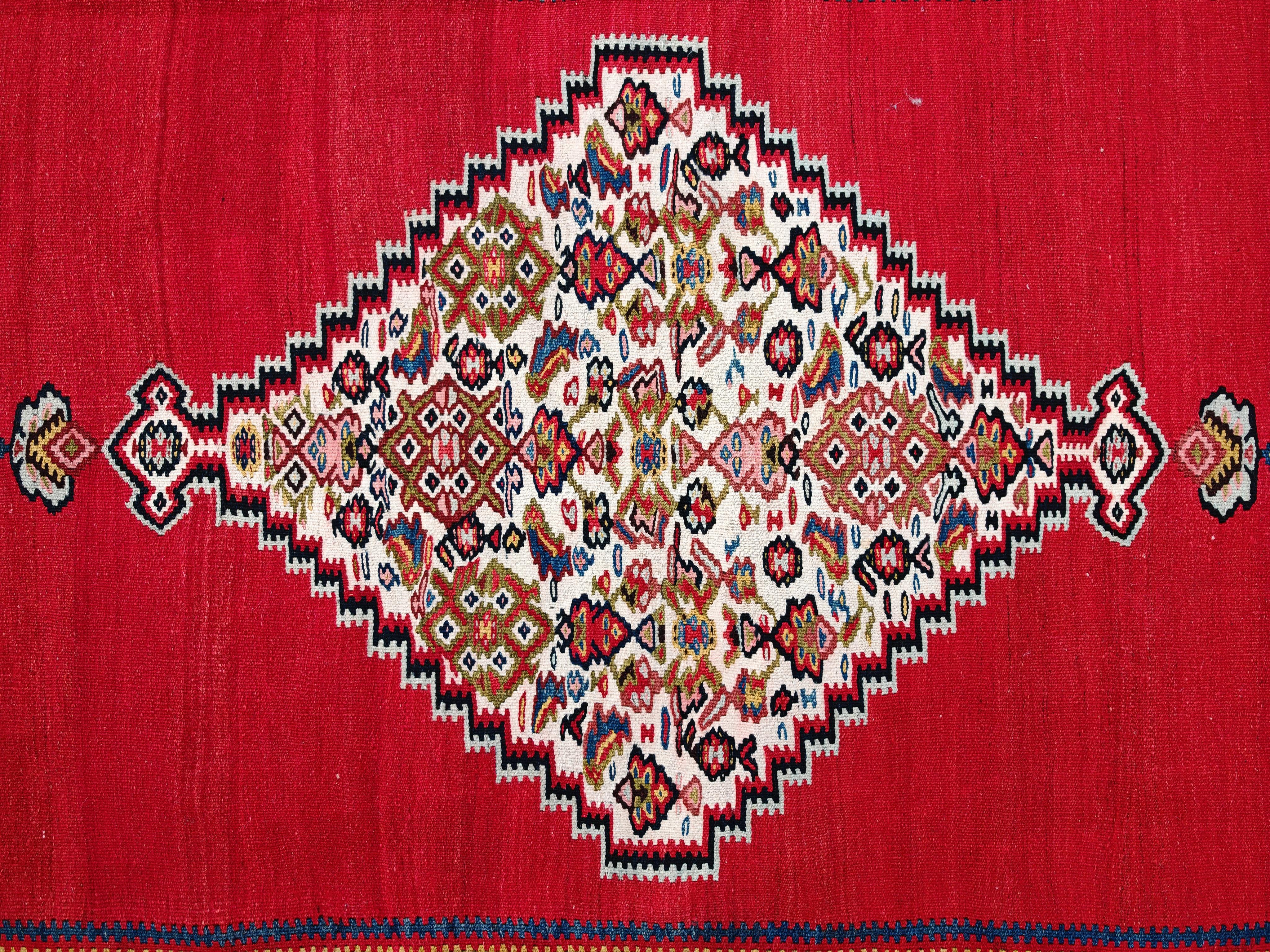 In questa inserzione troverai un kilim Senneh extra large tessuto a mano e caratterizzato da motivi geometrici di grande effetto in colori vivaci. Il kilim veniva realizzato a mano dalle tribù che abitavano le montagne del Caucaso. Caratterizzato da