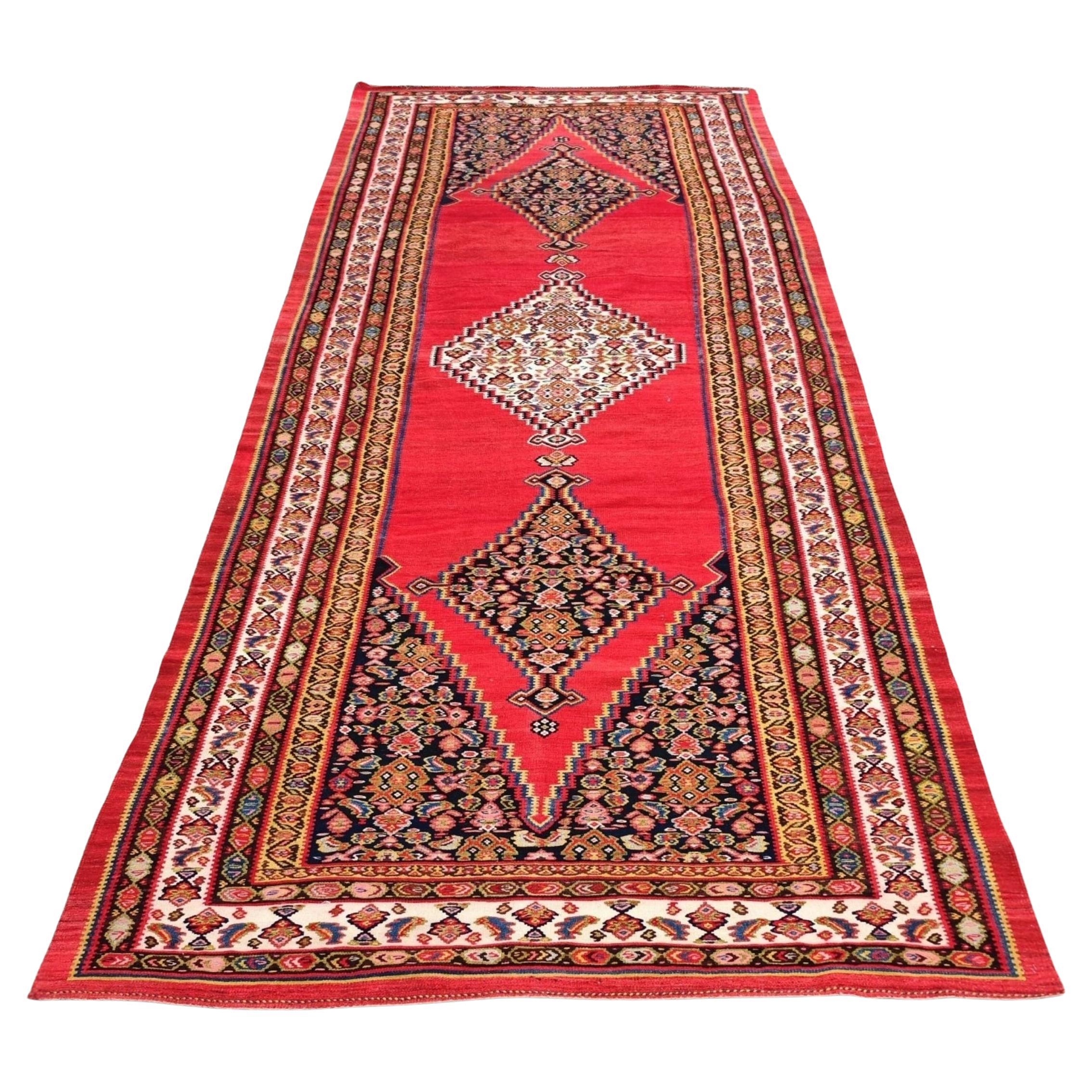 XXL Antique hand-woven Senneh Kilim with geometric pattern, Caucasus 1920s