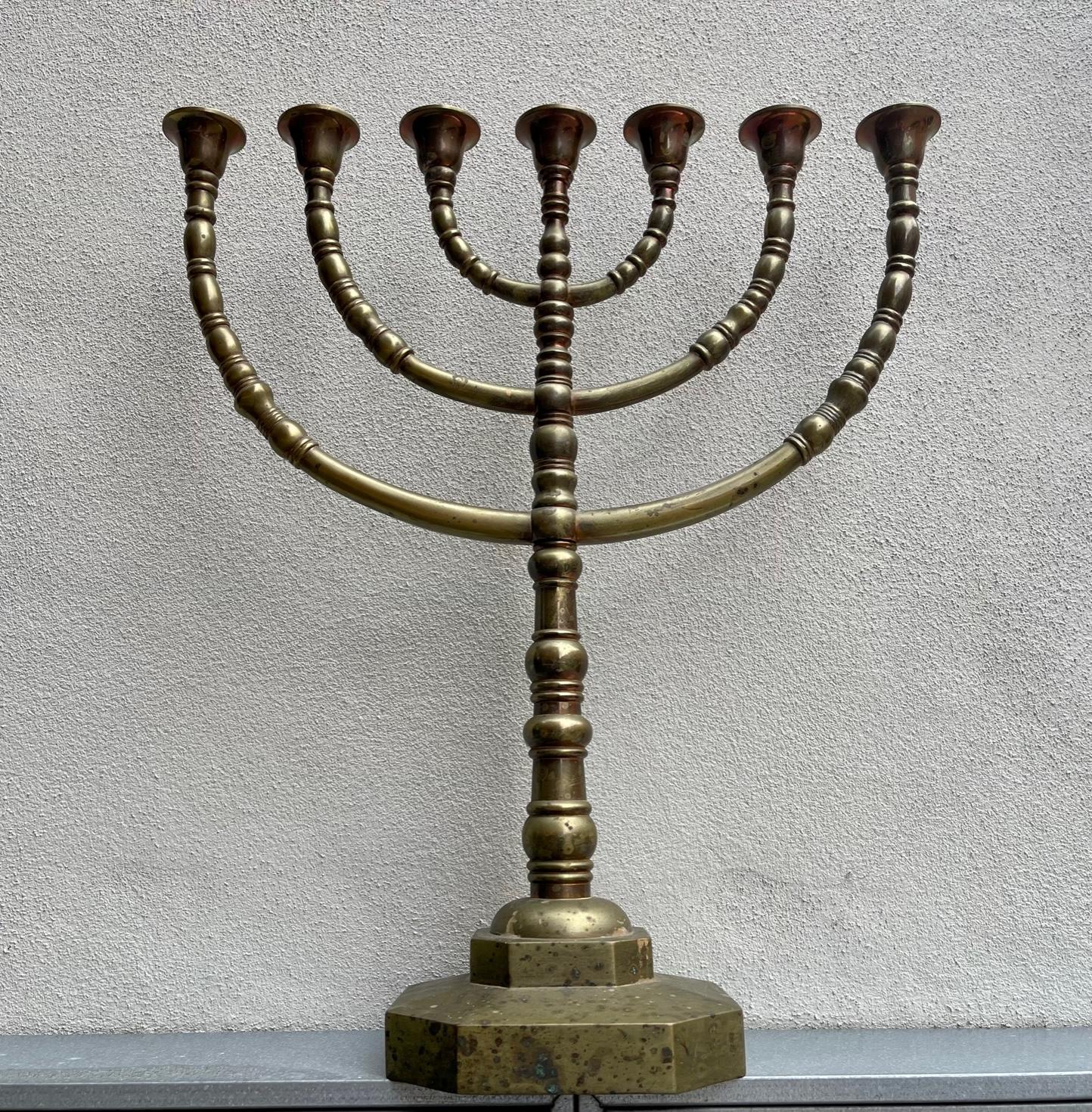 Early 20th Century XXL Antique Menorah 7-Arm Candleholder in Brass, 1920s For Sale