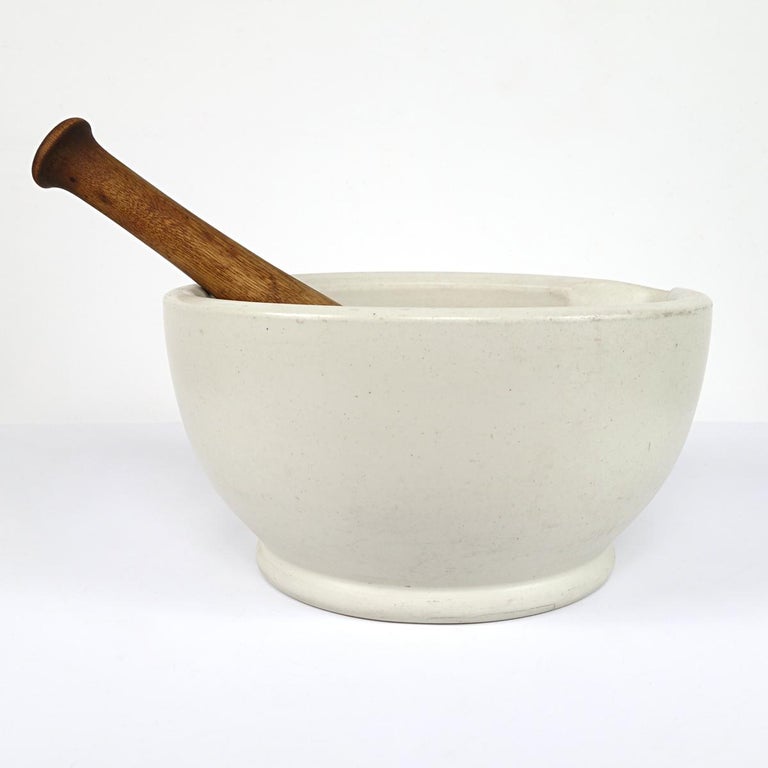 Extra Large Apothecary Porcelain Mortar and Partially Wooden Pestle at