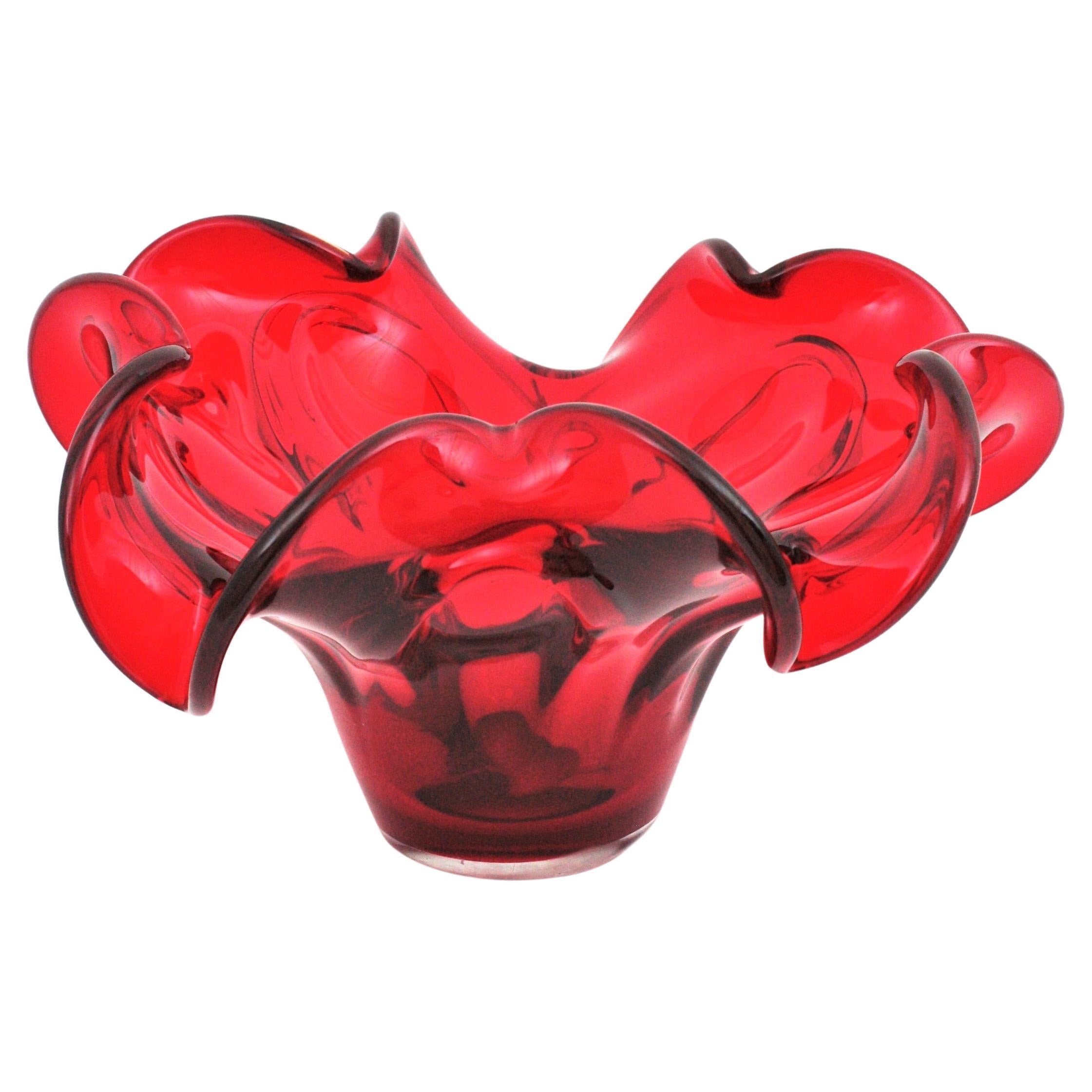 XXL Archimede Seguso Murano Ruby Red Sommerso Glass Centerpiece Bowl