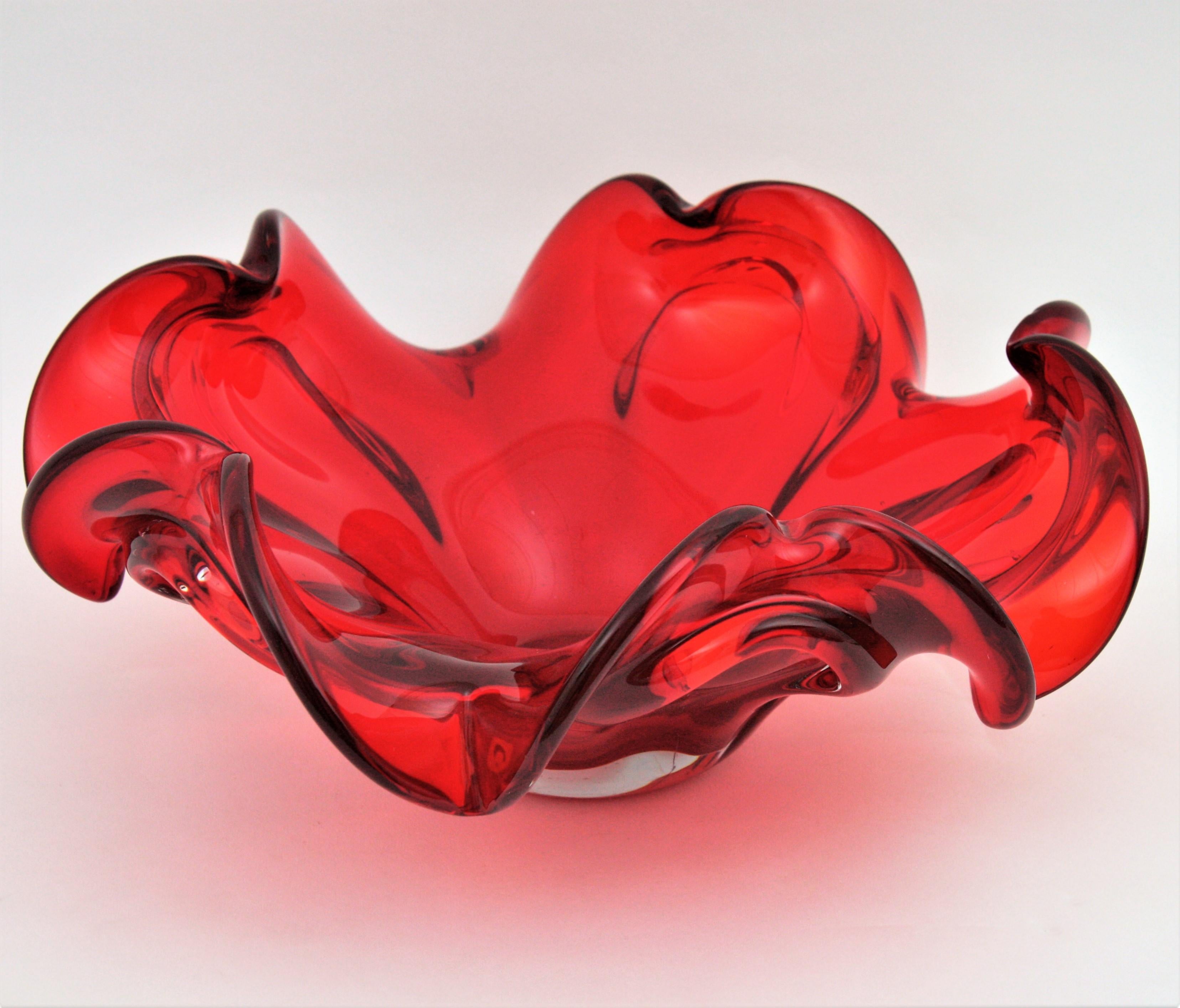 XXL Archimede Seguso Murano Ruby Red Sommerso Glass Flower Centerpiece Bowl 5