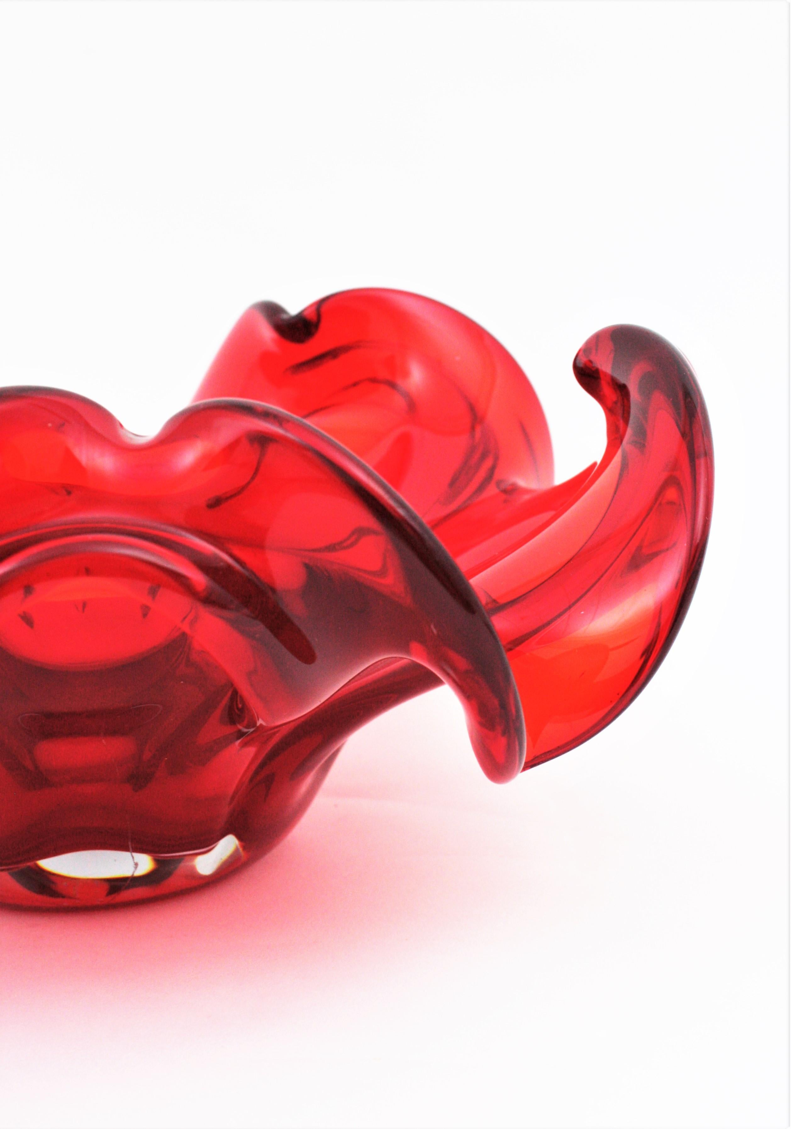 XXL Archimede Seguso Murano Ruby Red Sommerso Glass Flower Centerpiece Bowl 6
