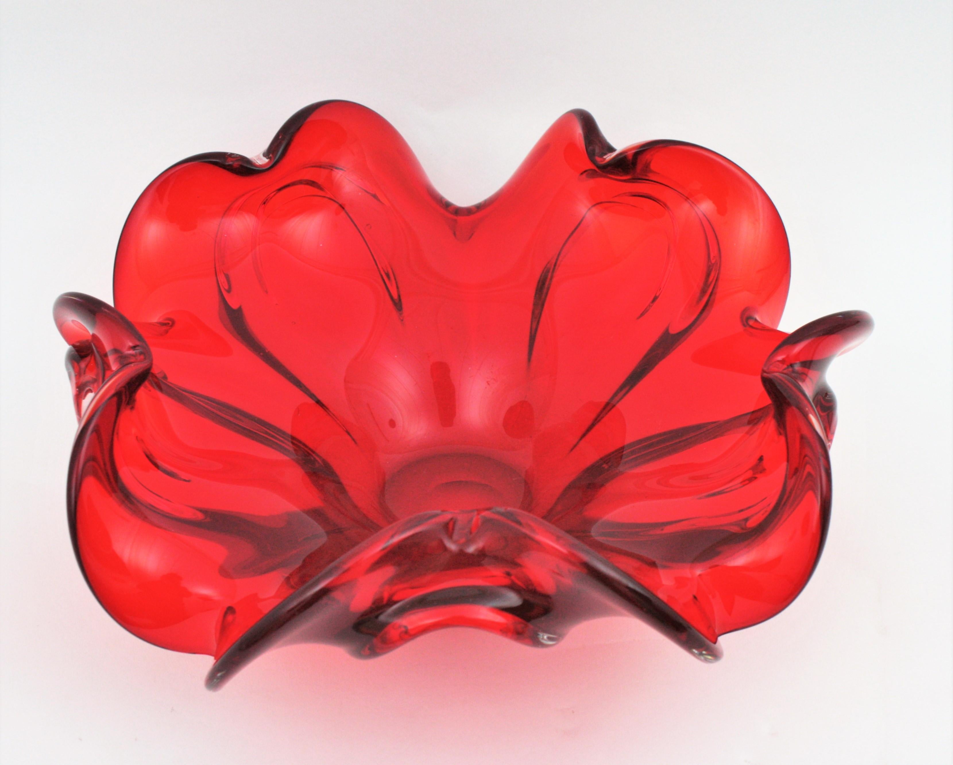 XXL Archimede Seguso Murano Ruby Red Sommerso Glass Flower Centerpiece Bowl 8